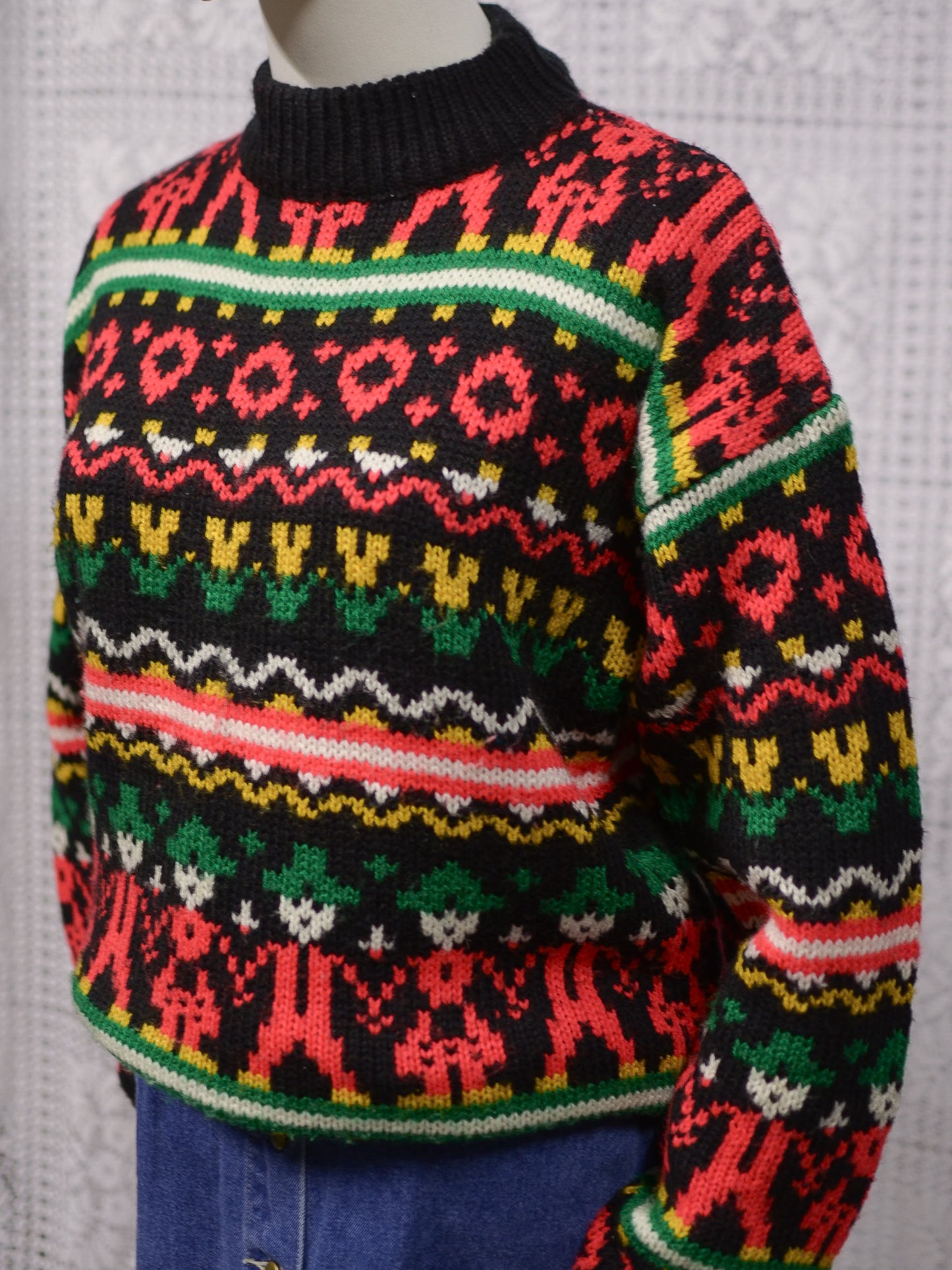 1980s Topshop black, red, green and yellow folk pattern jumper