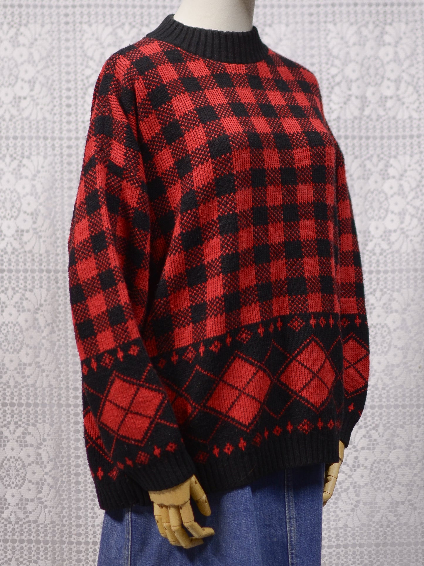 1990s red and black gingham plaid diamond argyle pattern jumper