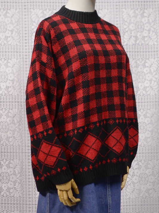 1990s red and black gingham plaid diamond argyle pattern jumper