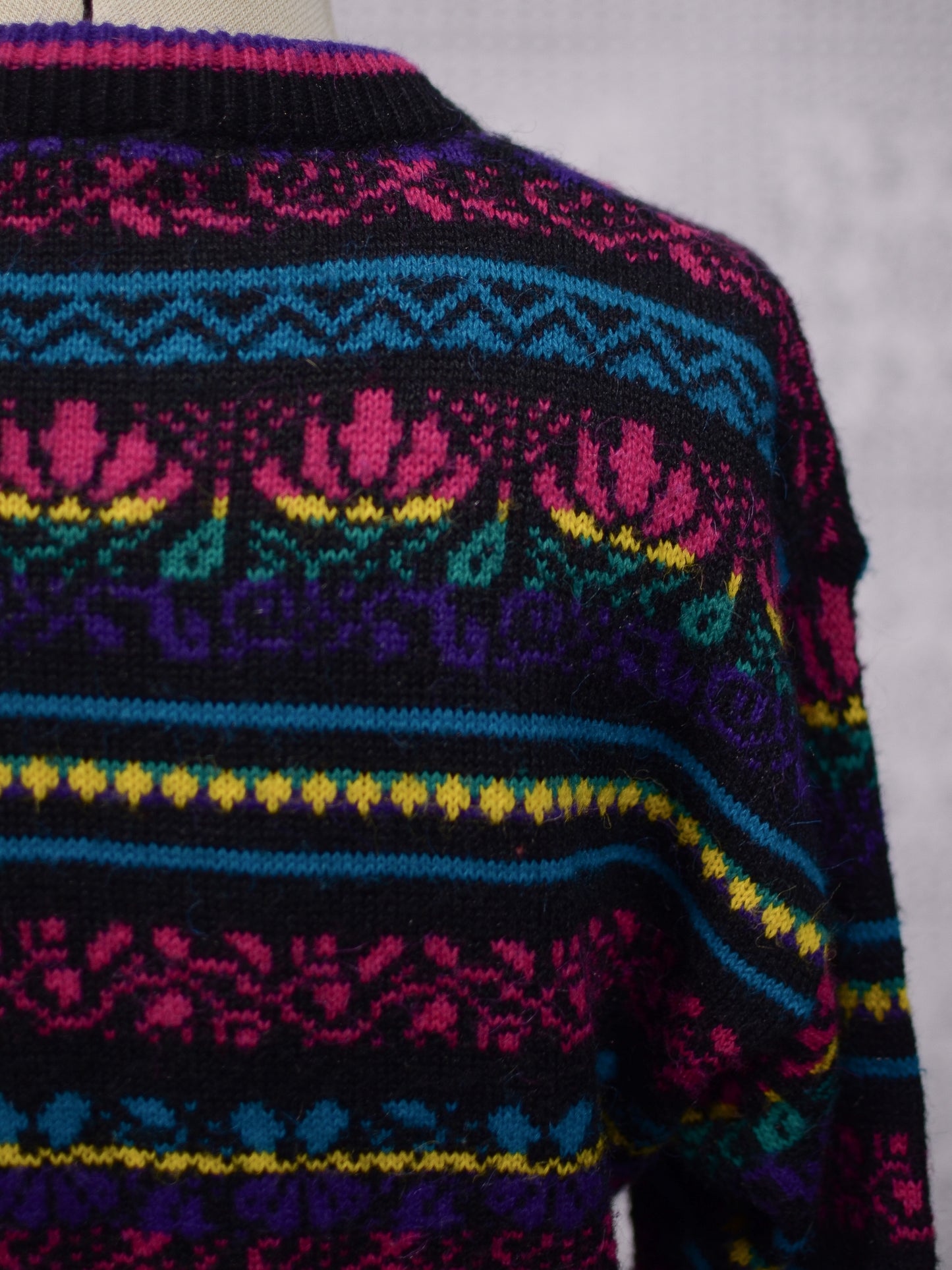 1980s C&A black, pink, yellow, purple and blue colourful floral stripe jumper