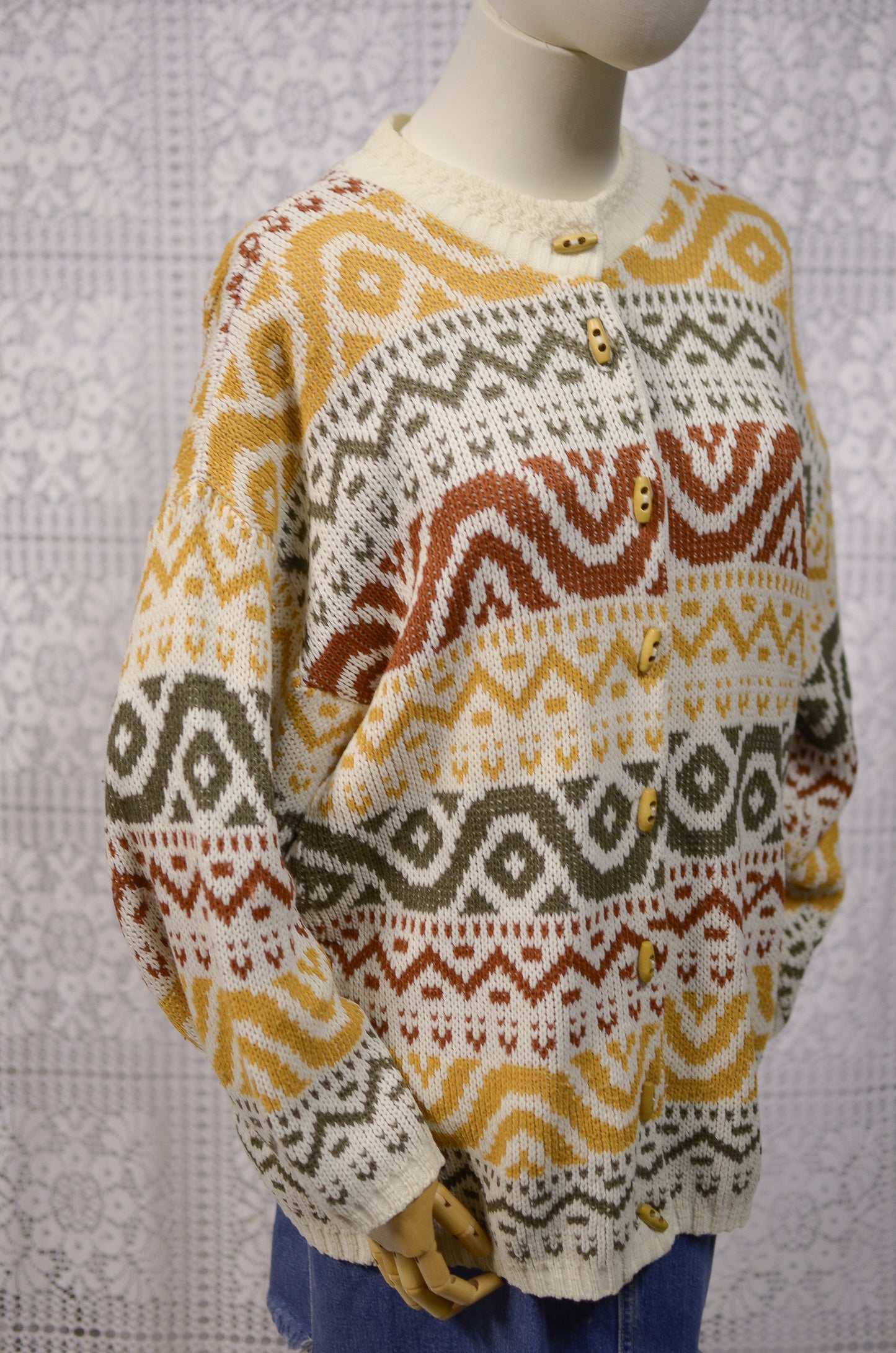 1980s Honeybells brown, green, mustard yellow and cream geometric pattern long cardigan