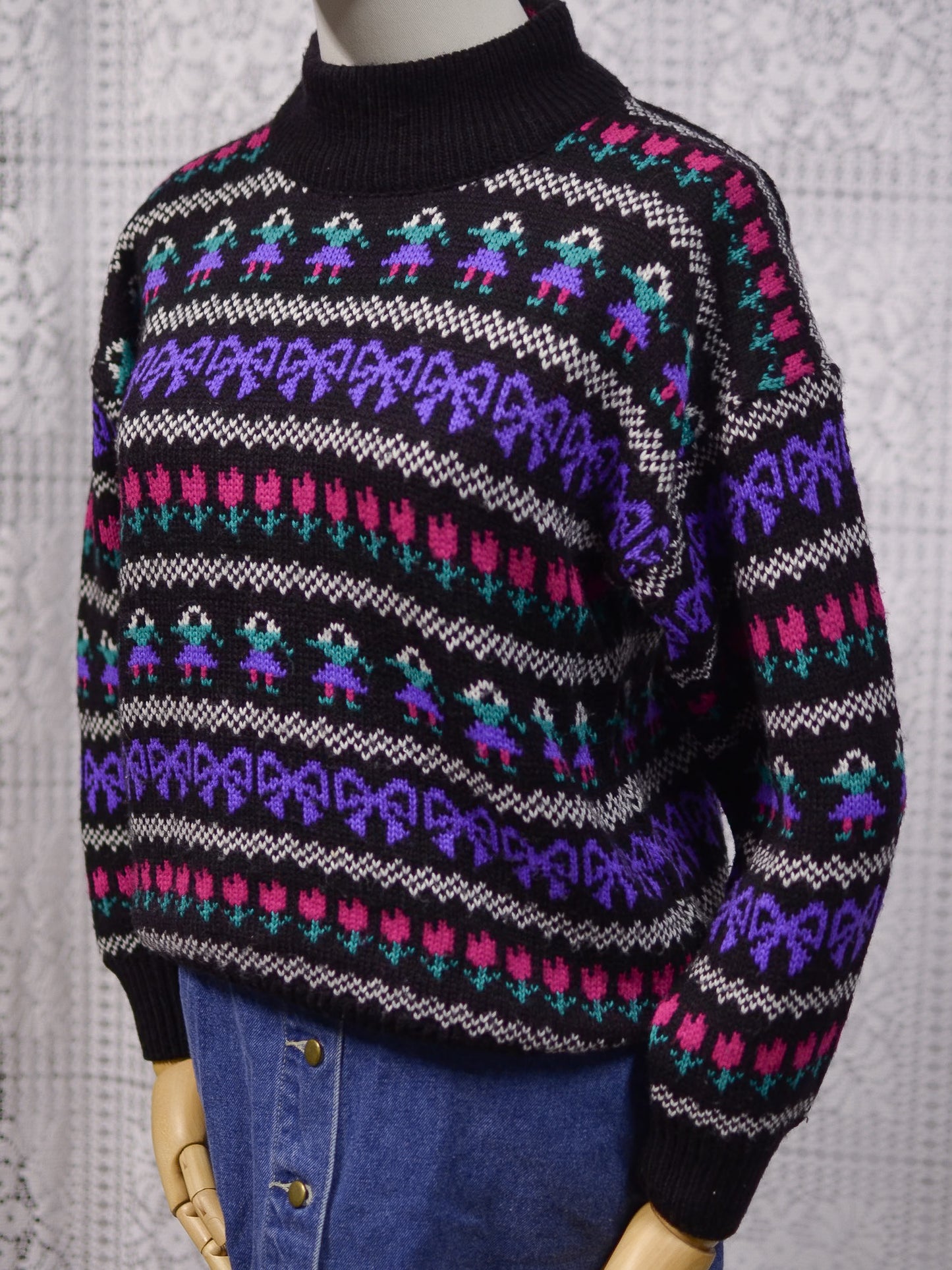 1980s black, purple and pink striped folk pattern jumper