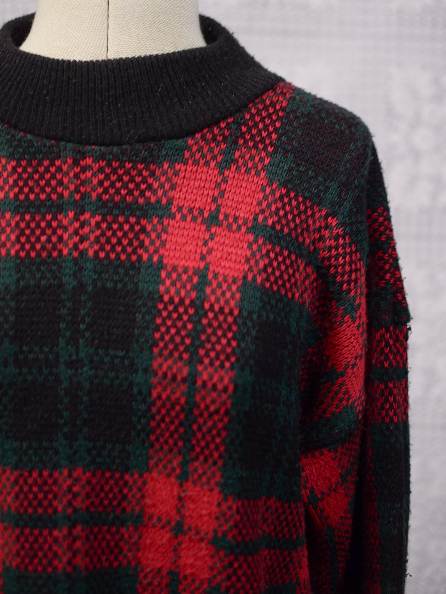 1980s C&A red, green and black tartan checked jumper