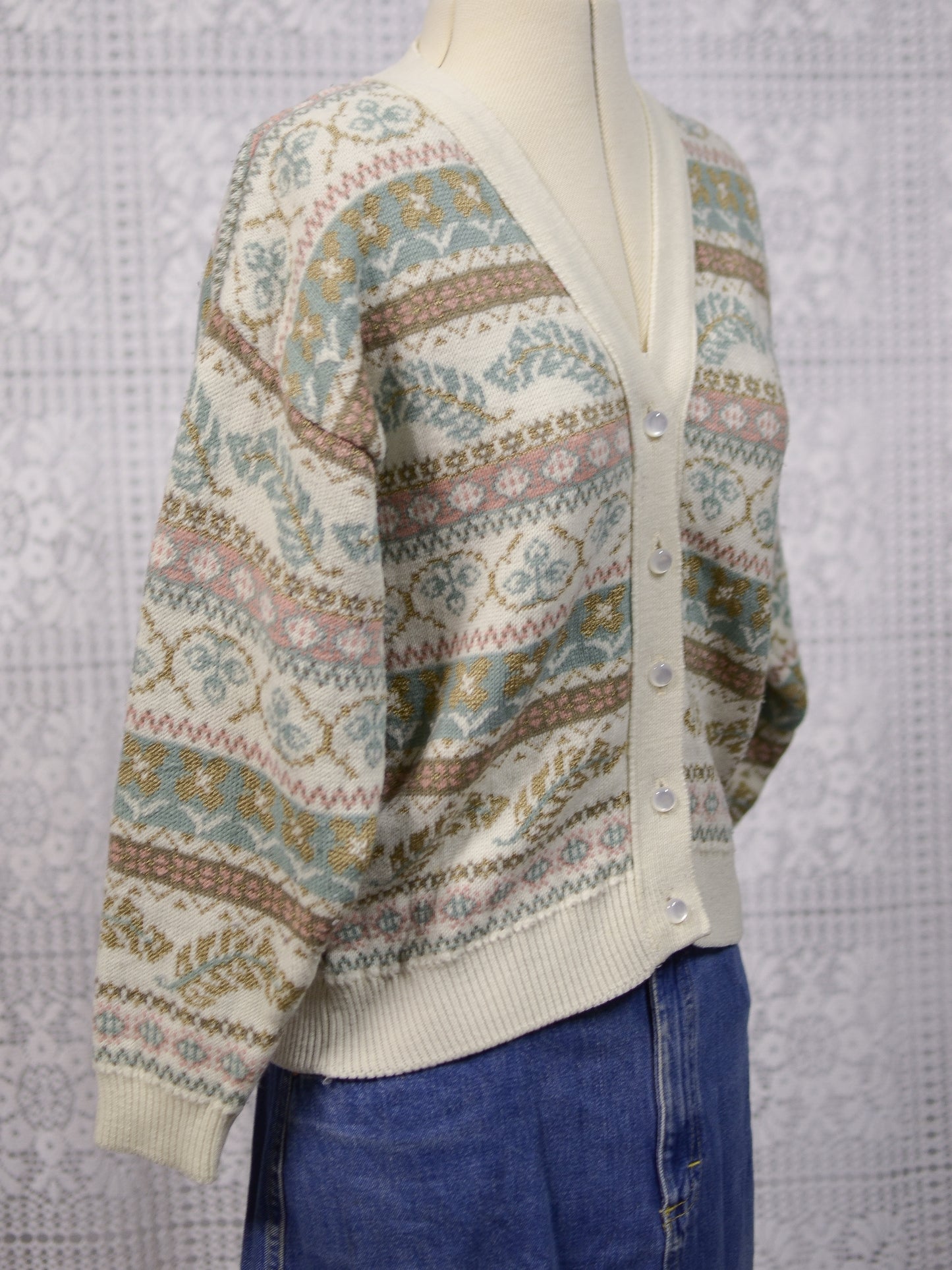 1980s cream, brown, pink and turquoise floral and feather pattern striped v-neck cardigan