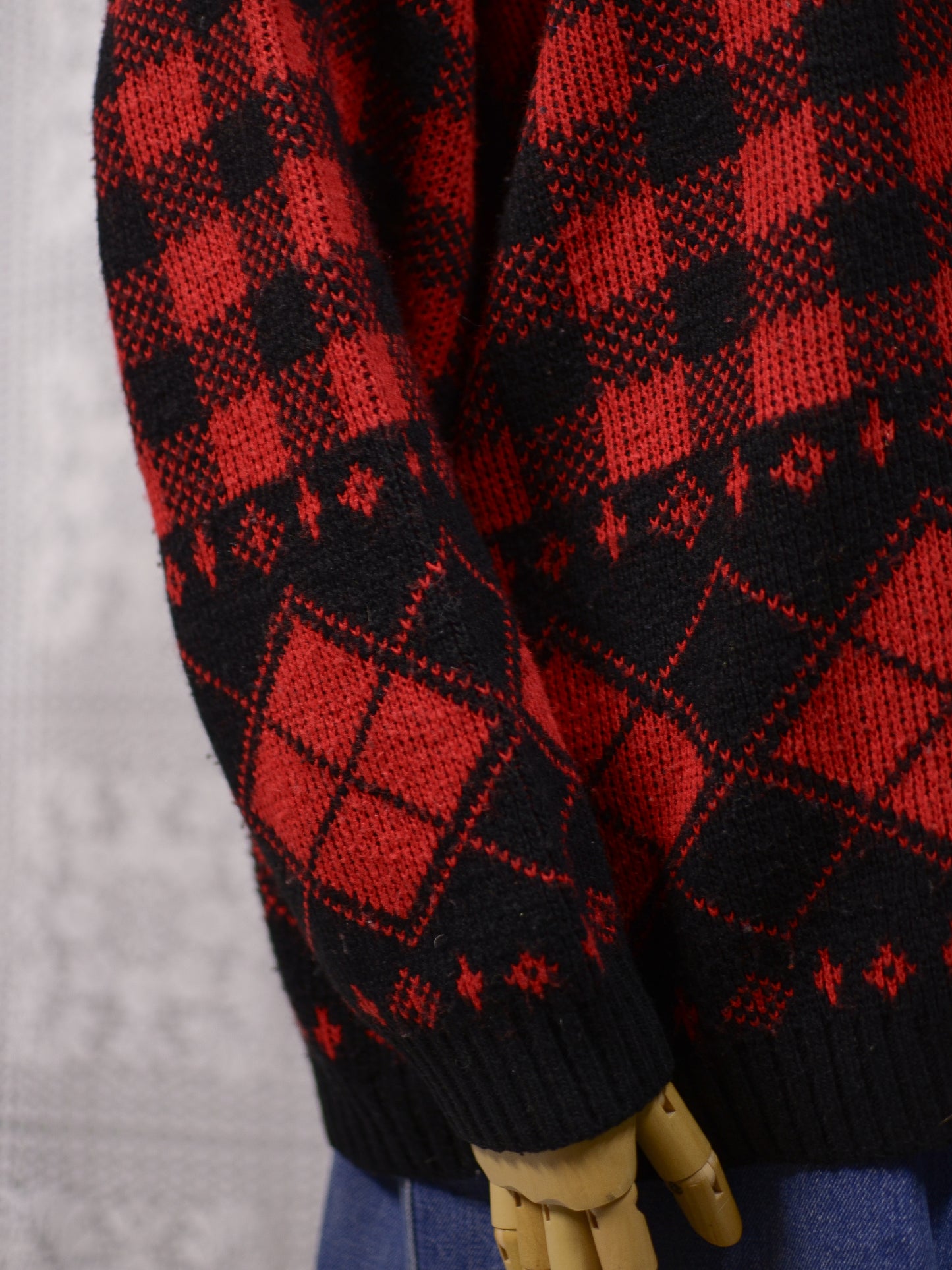1990s red and black gingham plaid diamond argyle pattern jumper