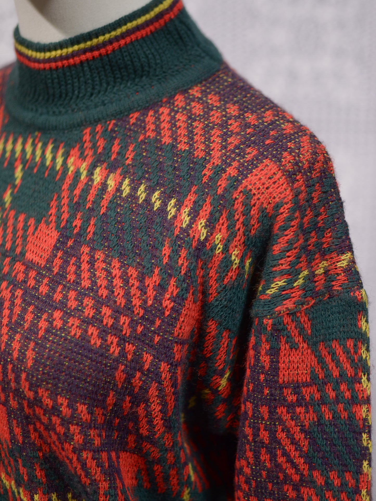1970s red, green and yellow tartan high neck jumper