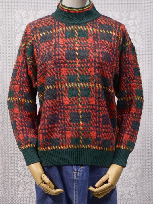 1970s red, green and yellow tartan high neck jumper