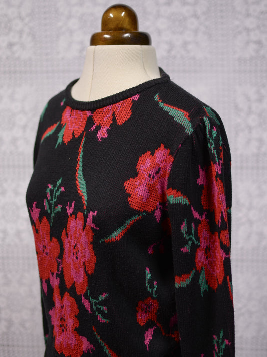 1990s St Michael black, red, pink and green floral fitted jumper