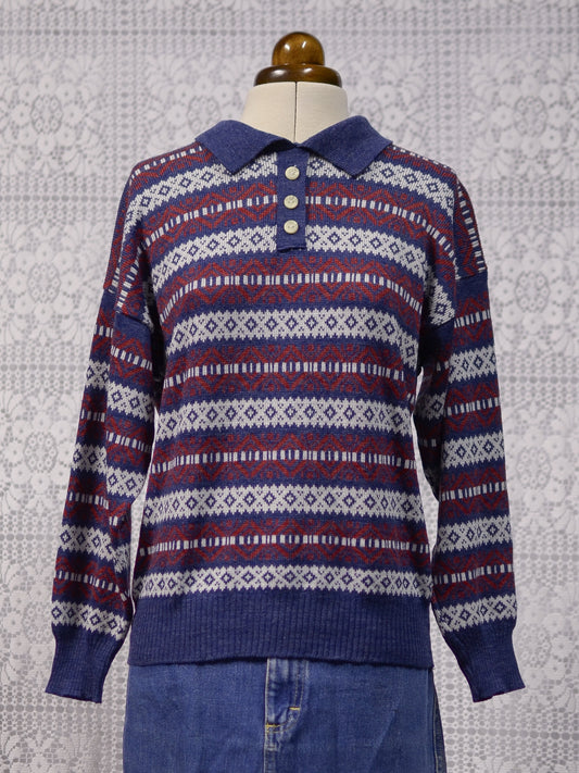 1990s navy blue and red fair isle style collared jumper