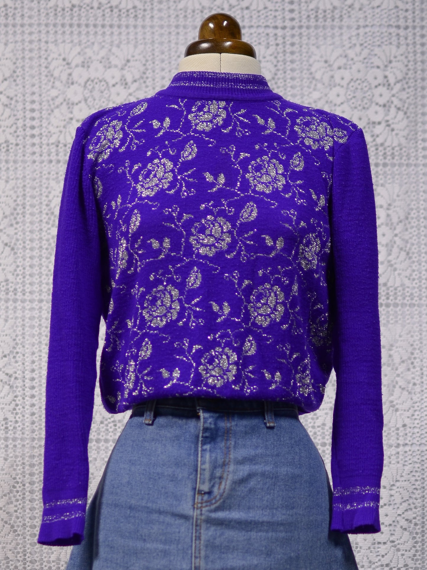 1970s purple and silver glittery rose floral pattern fitted high neck jumper