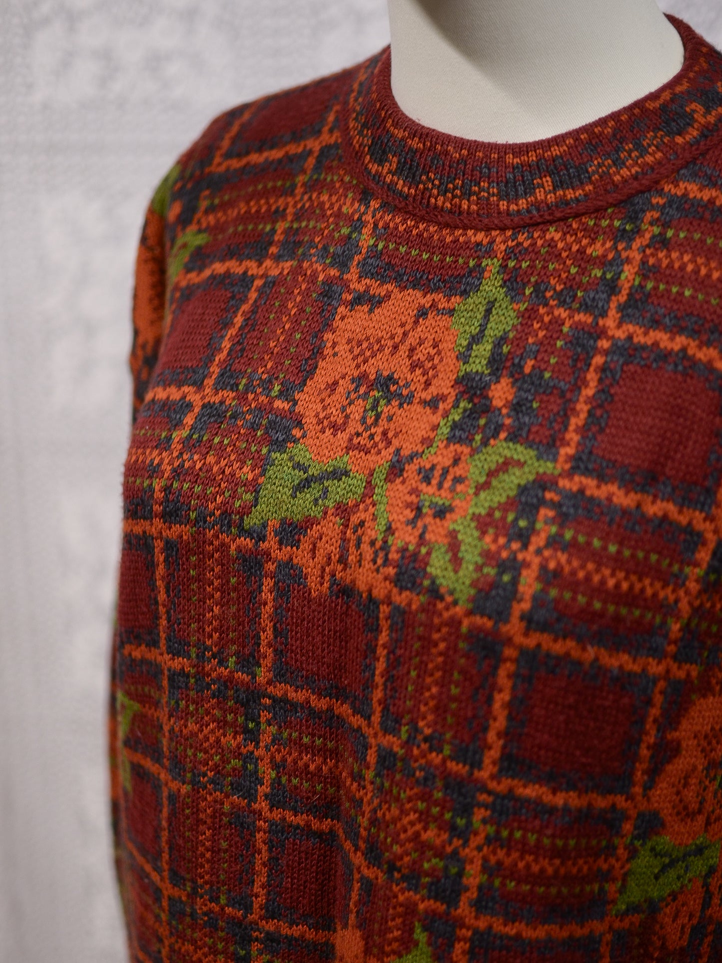 1990s dark red, orange and green tartan and floral print long jumper dress