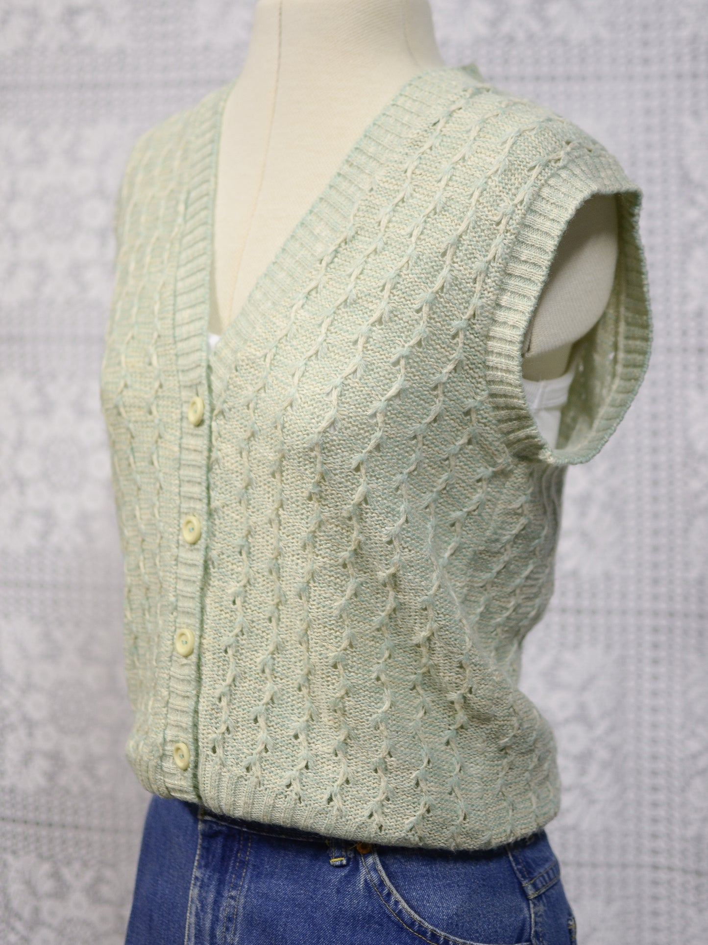 1970s mint green and cream button-up vest sleeveless cardigan tank top