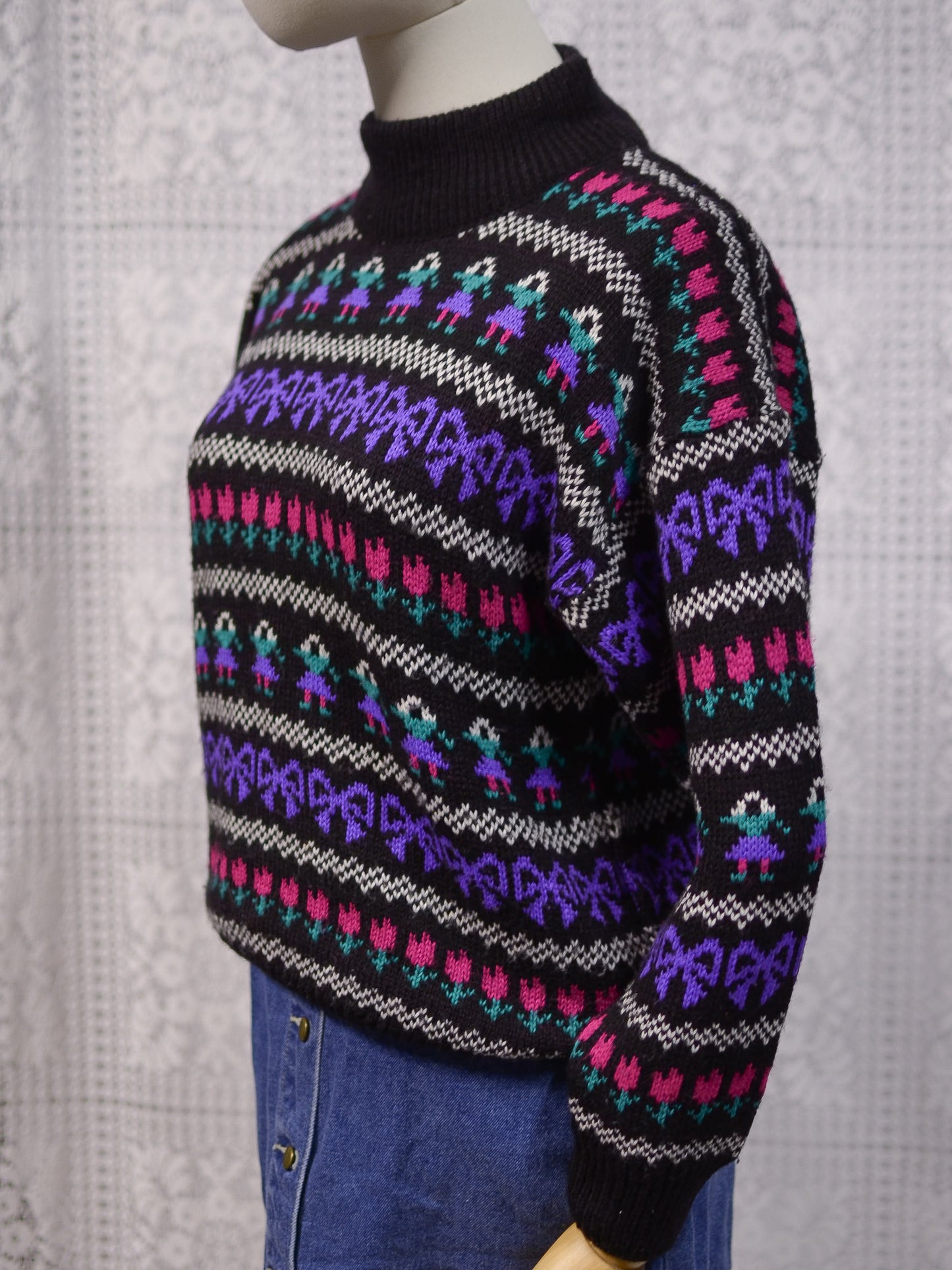 1980s black, purple and pink striped folk pattern jumper