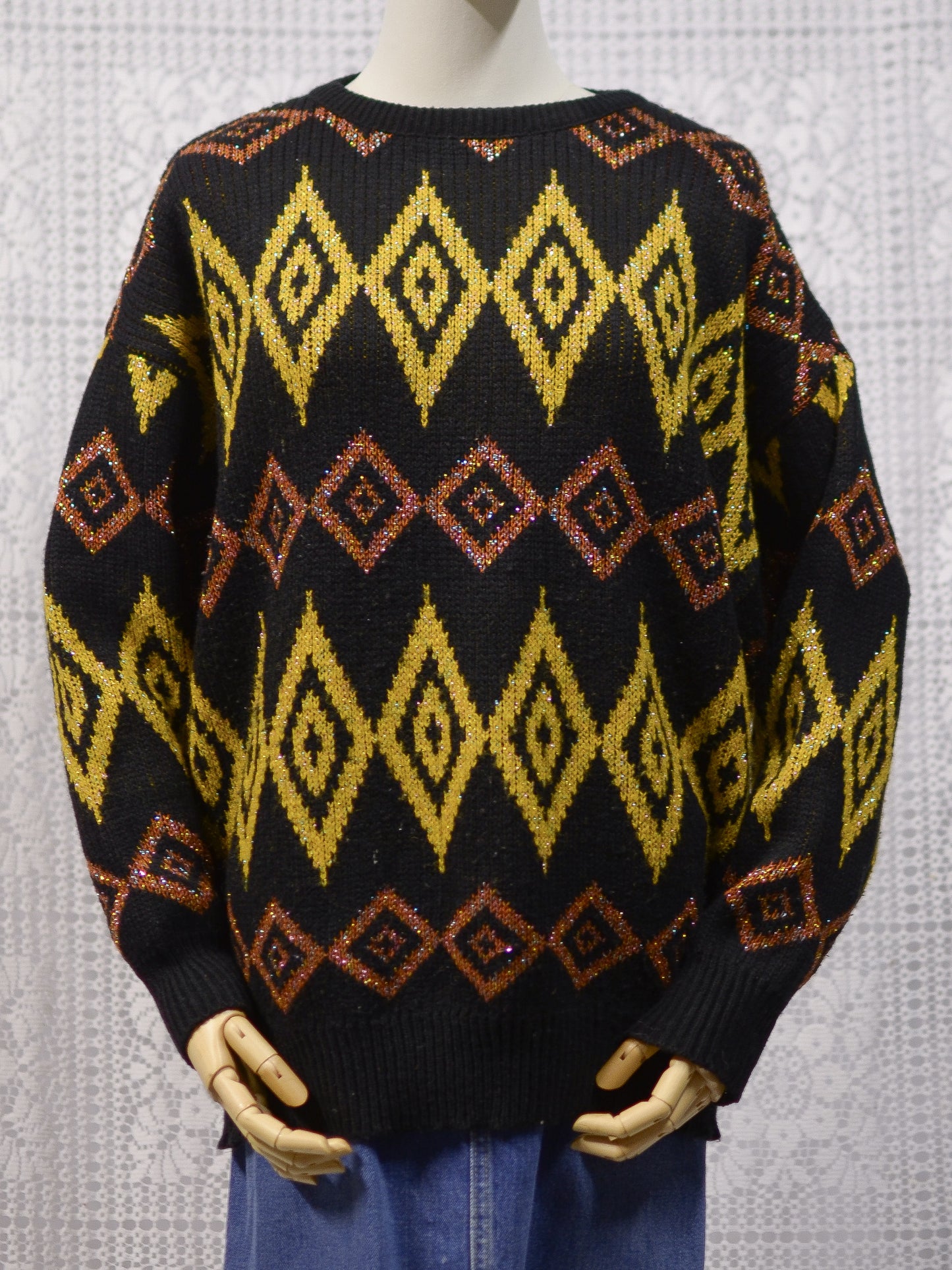 1980s black, yellow and brown sparkly geometric pattern jumper