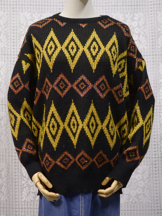 1980s black, yellow and brown sparkly geometric pattern jumper