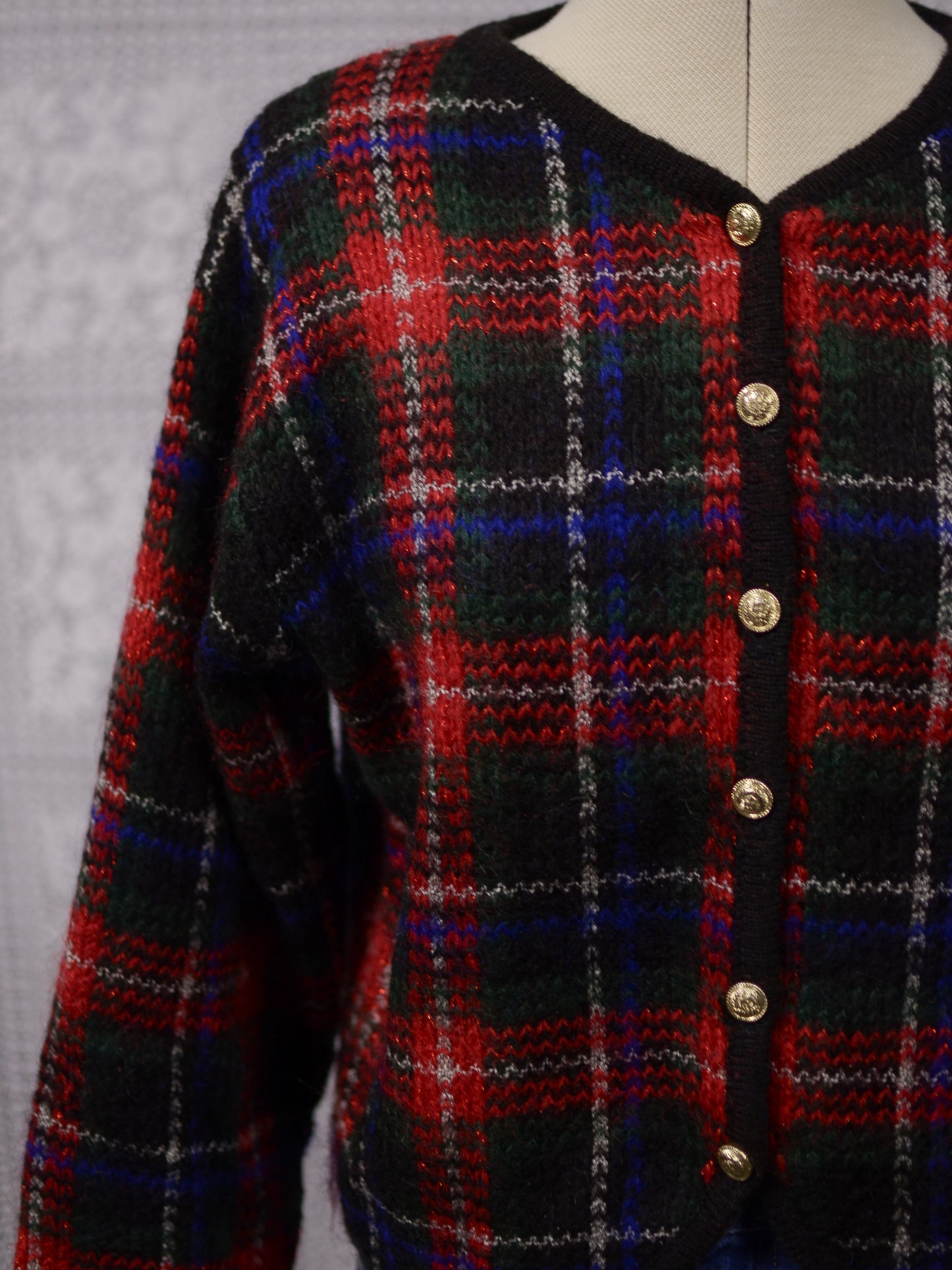 1980s red, green and blue tartan cropped cardigan