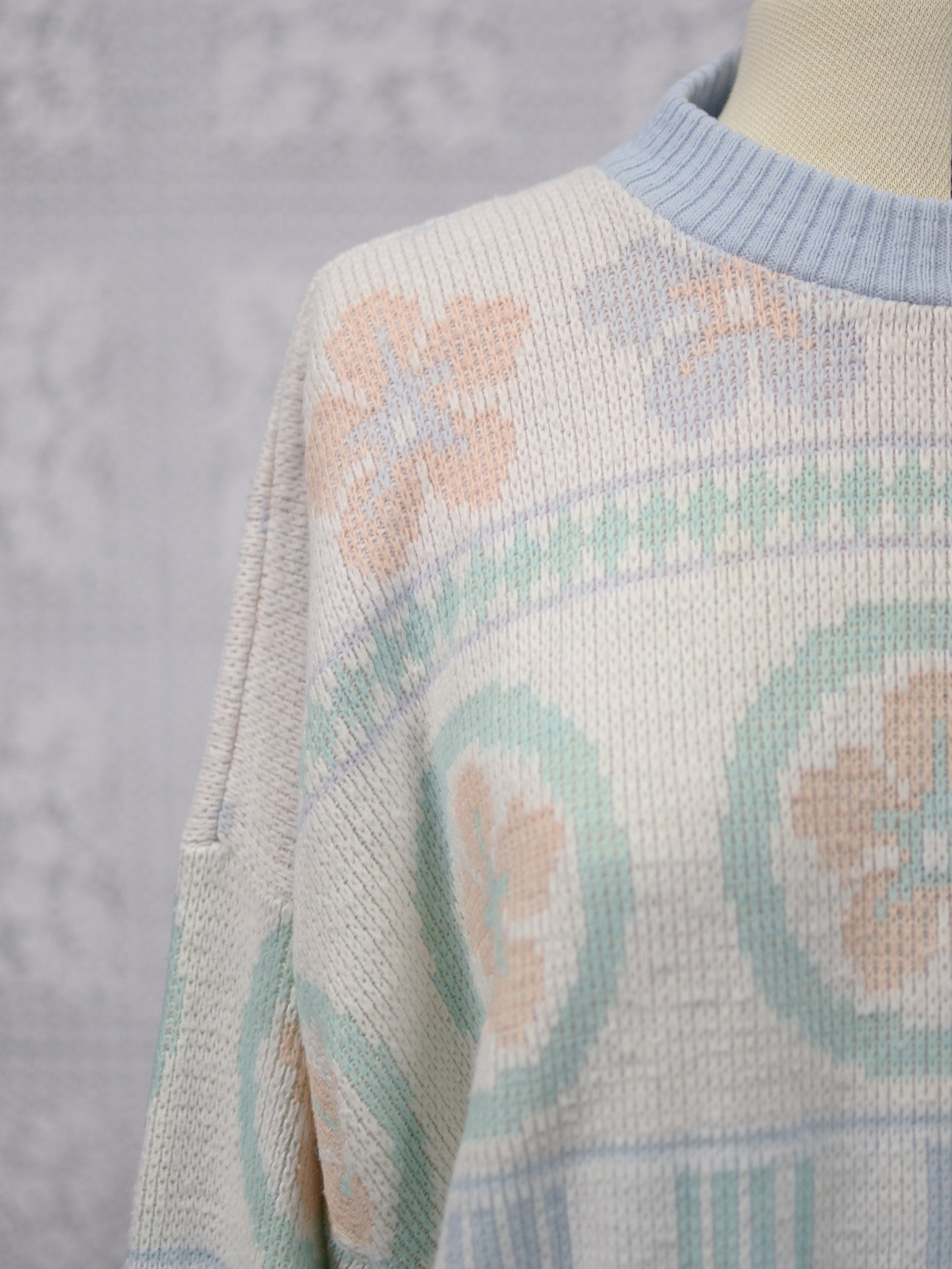 1990s white, blue, green and peach geometric floral jumper