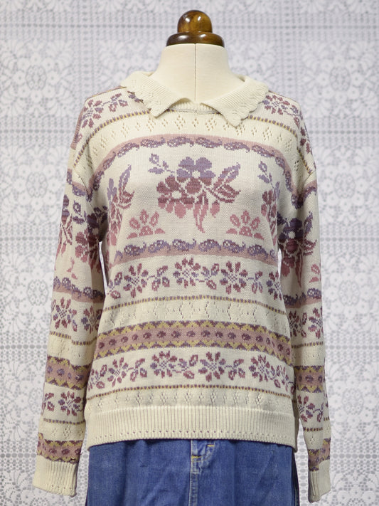 1990s St Michael cream and purple floral collared jumper