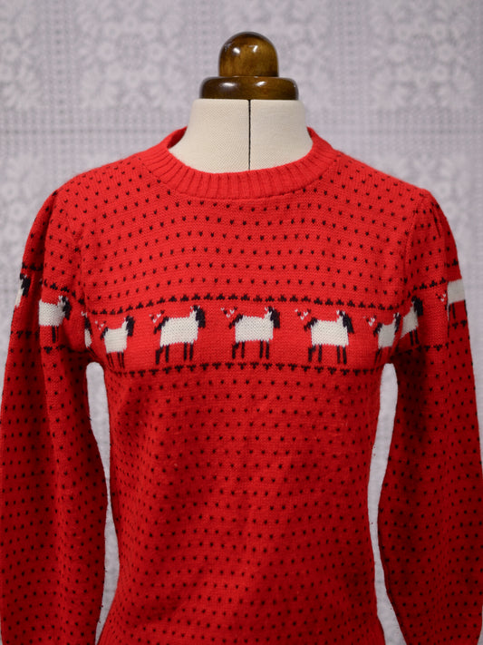 1970s red, white and black sheep and spotty pattern fitted jumper