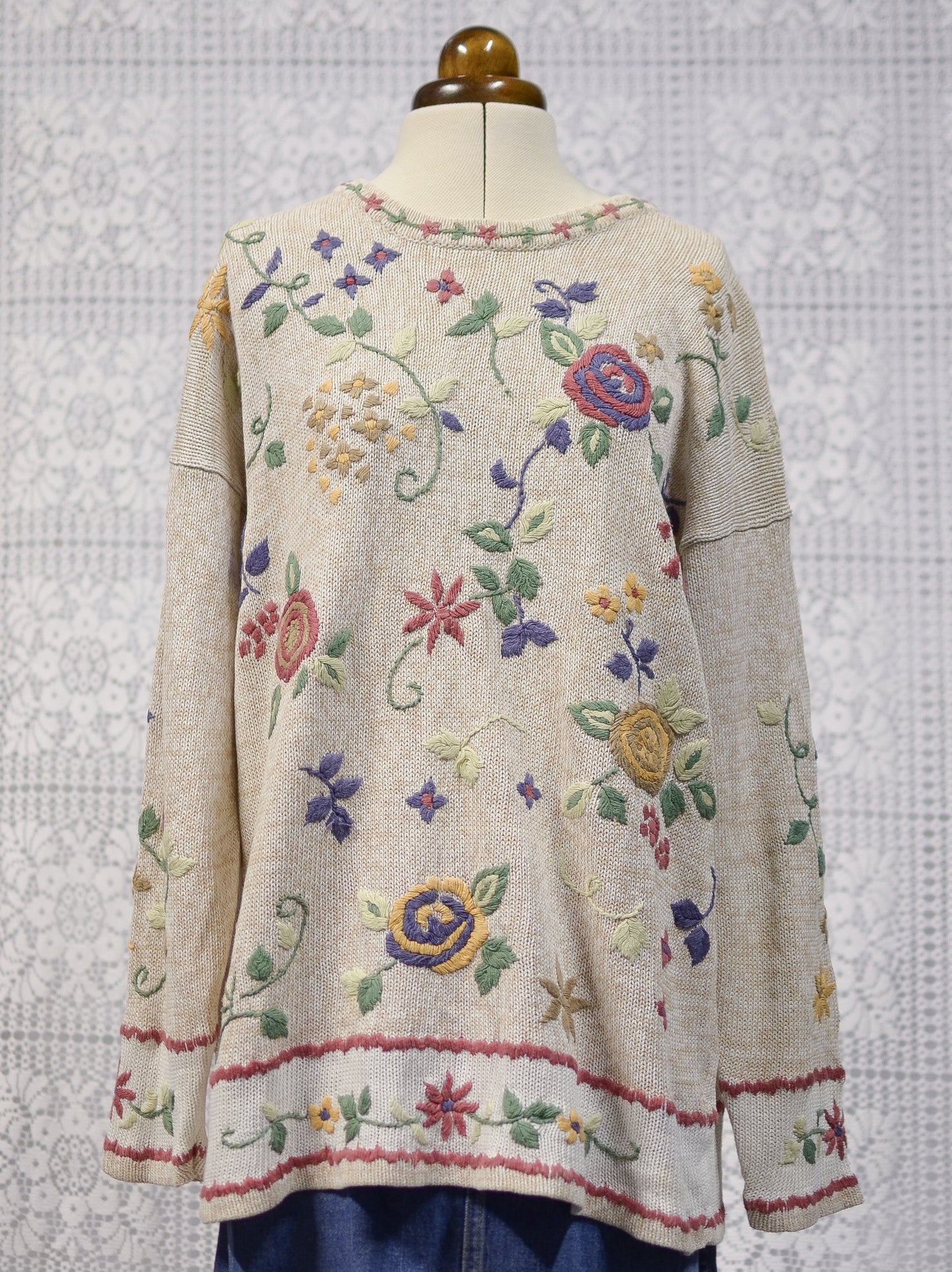 1990s Dorothy Perkins cream embroidered floral long cotton jumper