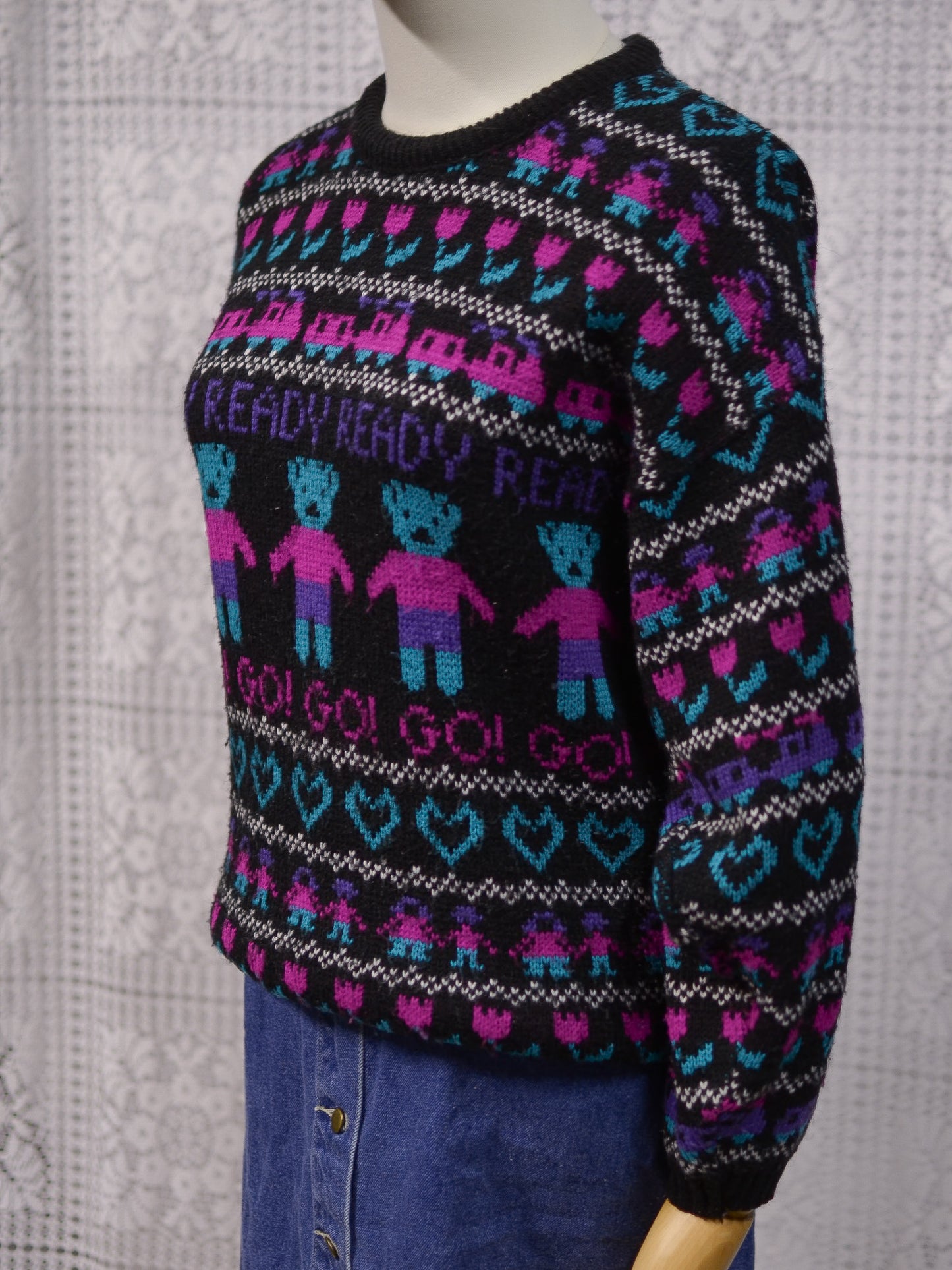1980s black, pink and purple teddy bear novelty jumper