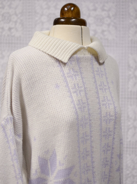 1980s Next white and lilac snowflake pattern collared boxy jumper