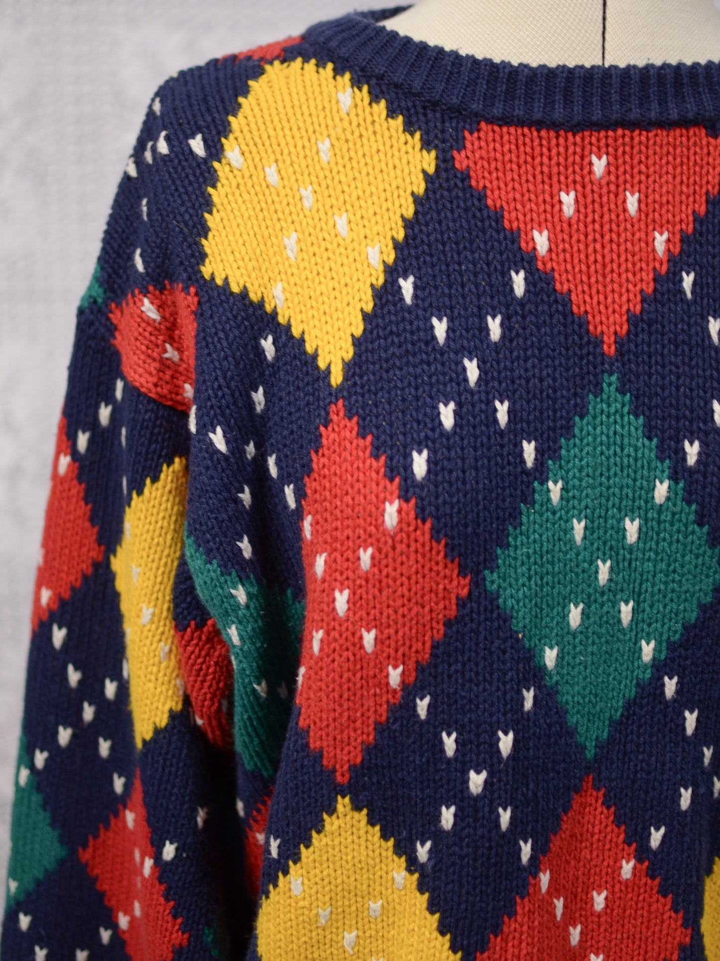 1990s Liz Claiborne navy blue, red, yellow and green argylle cotton jumper