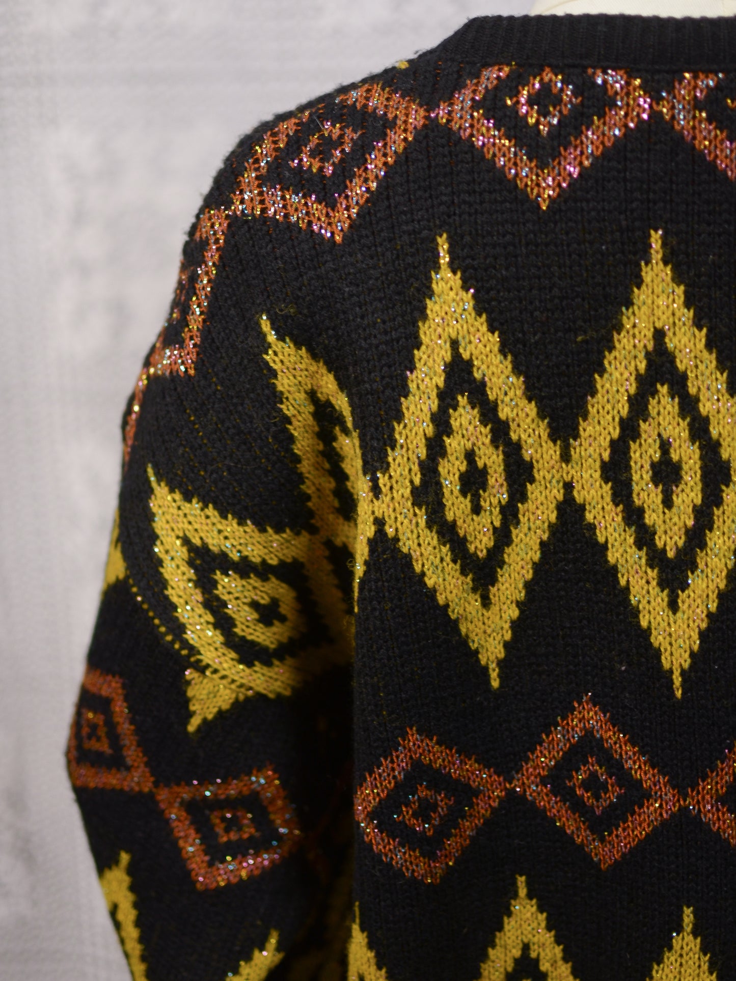 1980s black, yellow and brown sparkly geometric pattern jumper