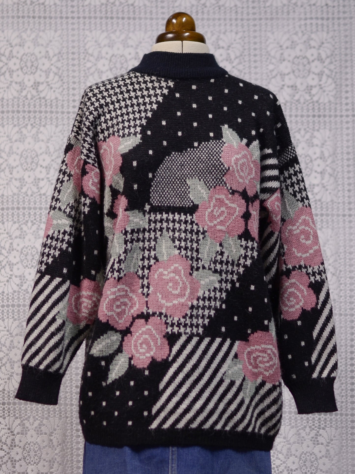 1980s Honey black, white and rose pink floral, polkadot and houndstooth long jumper