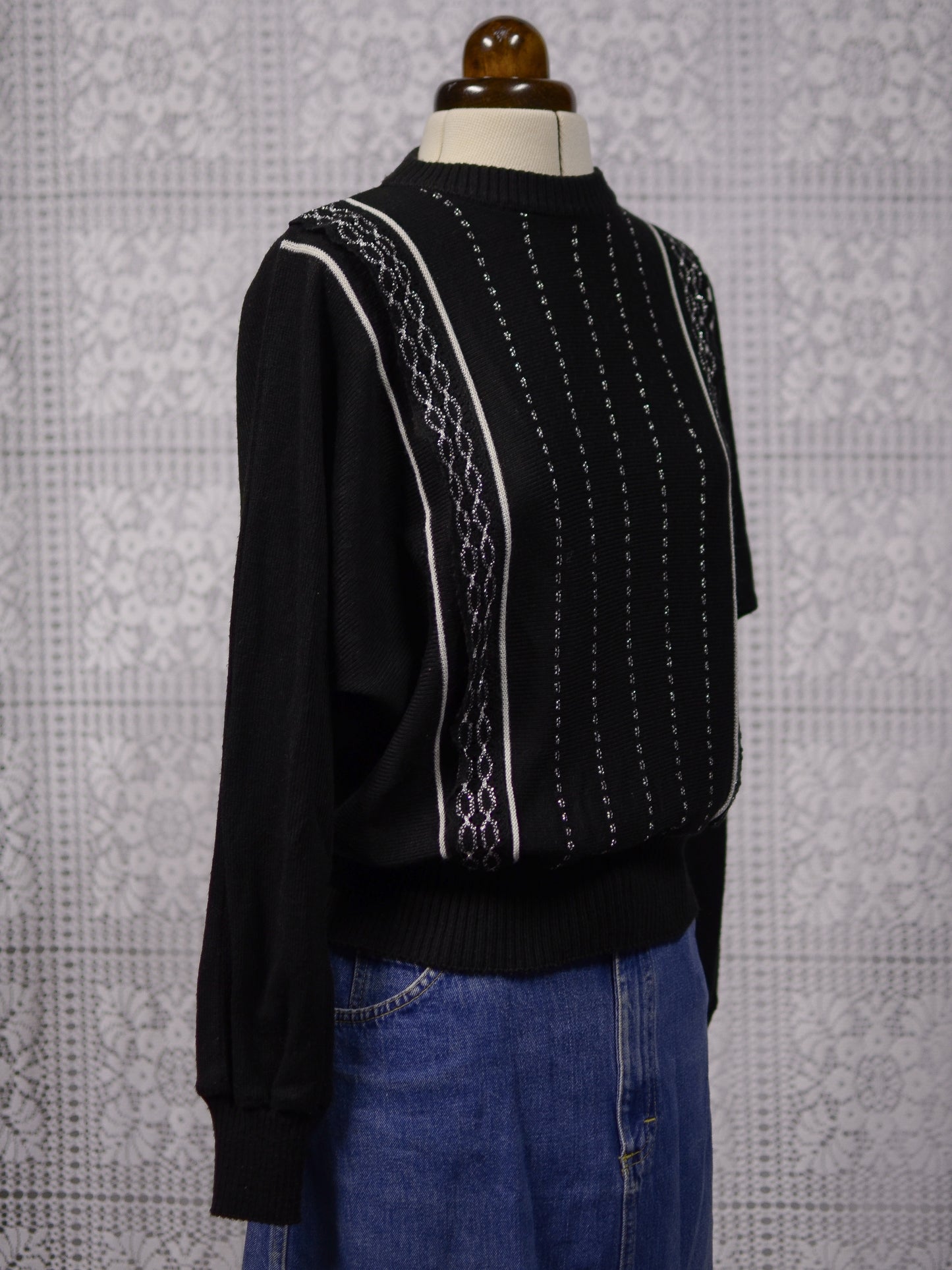 1970s black and silver metallic lace detail batwing jumper