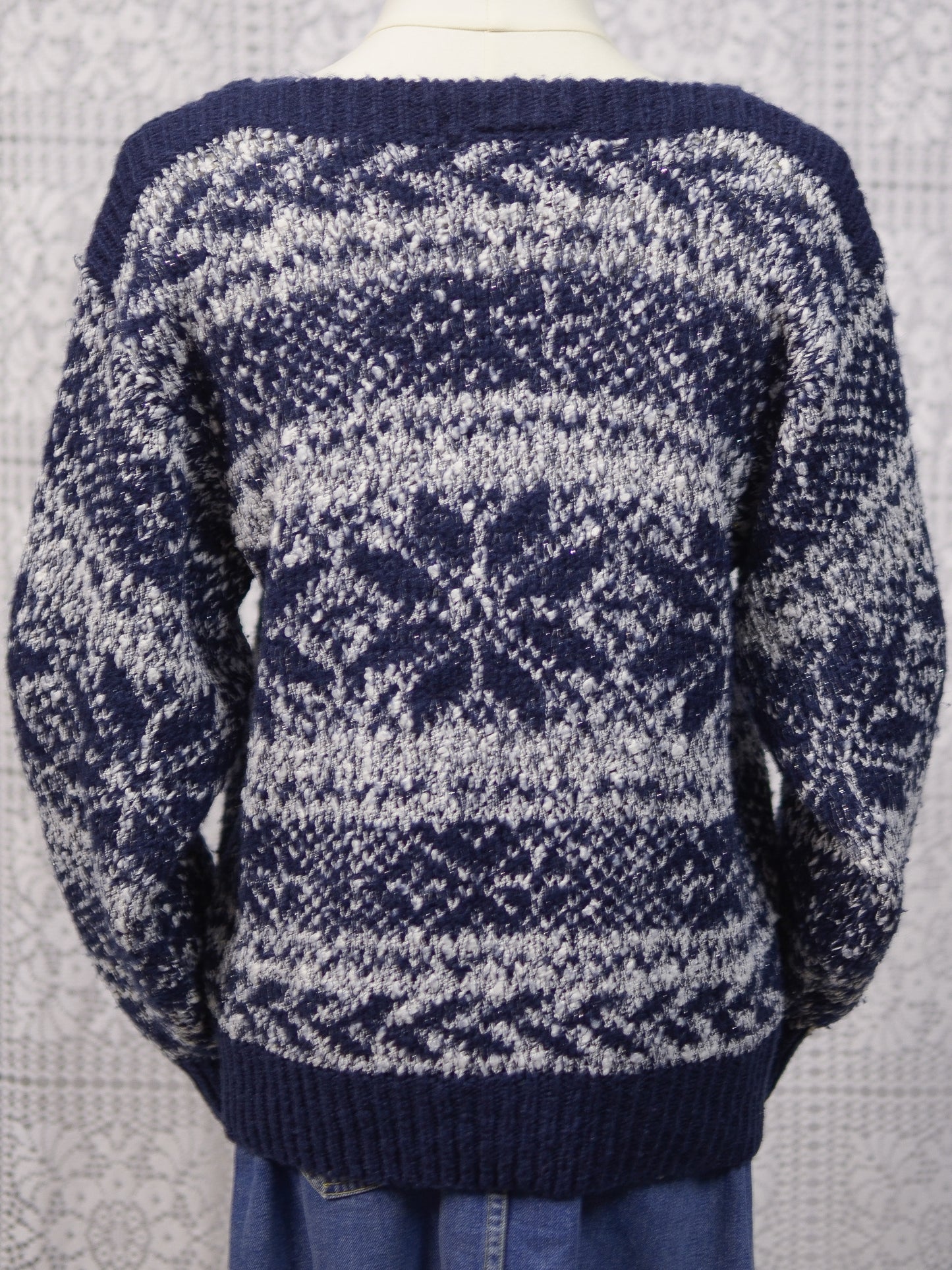 1980s C&A navy blue, white and silver snowflake festive jumper