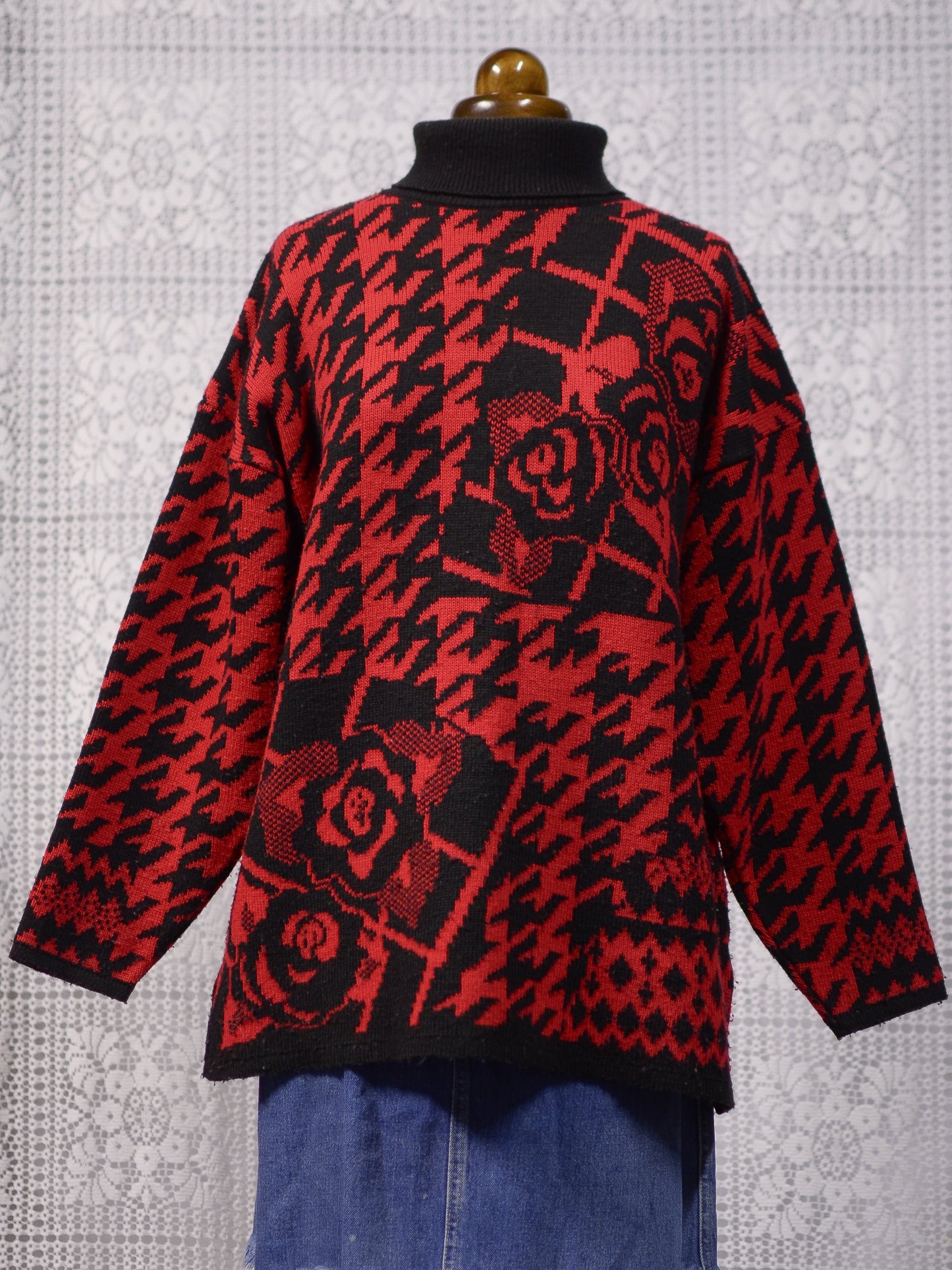 1990s St Michael red and black houndstooth and rose pattern long roll neck jumper