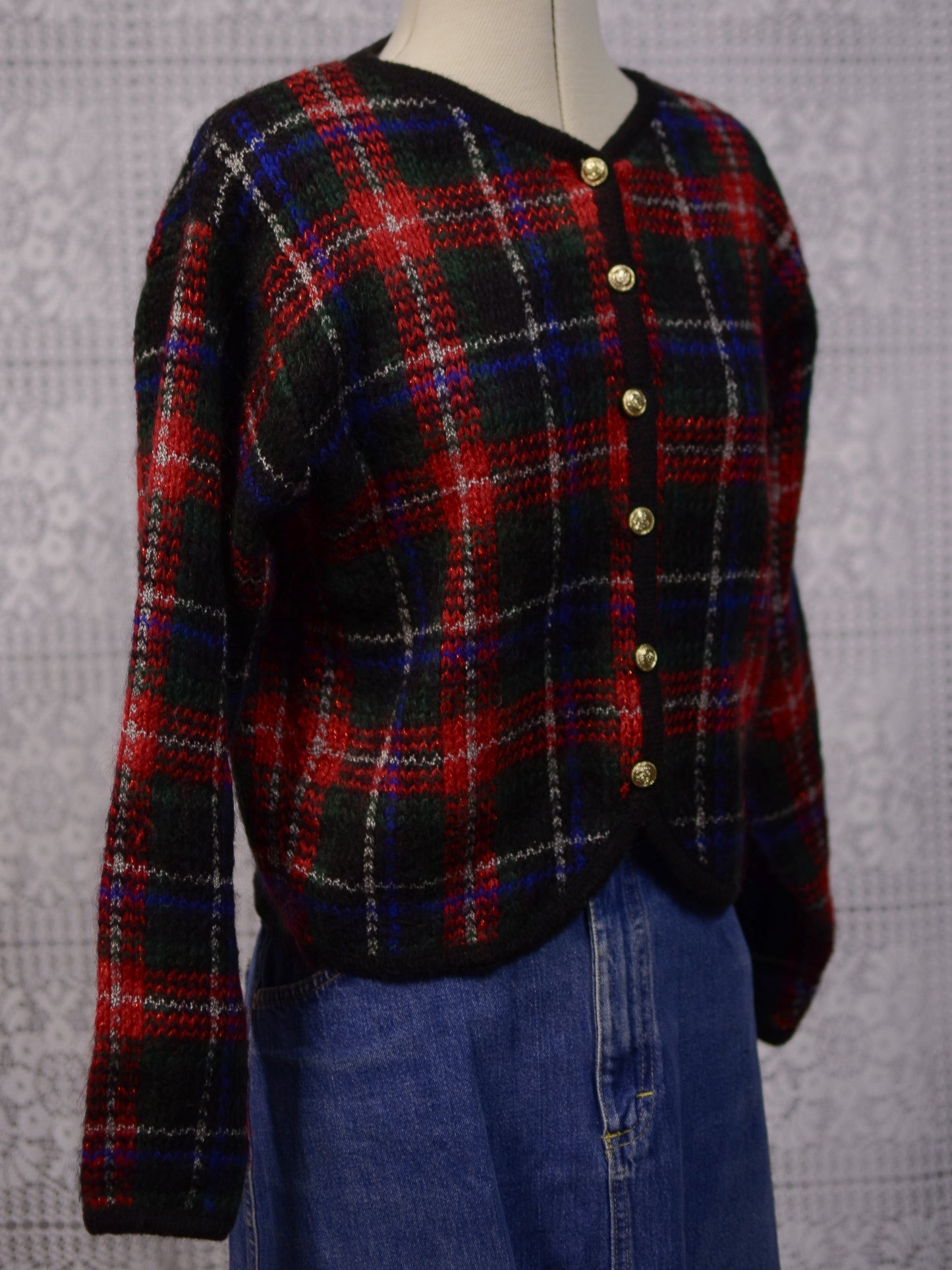 1980s red, green and blue tartan cropped cardigan