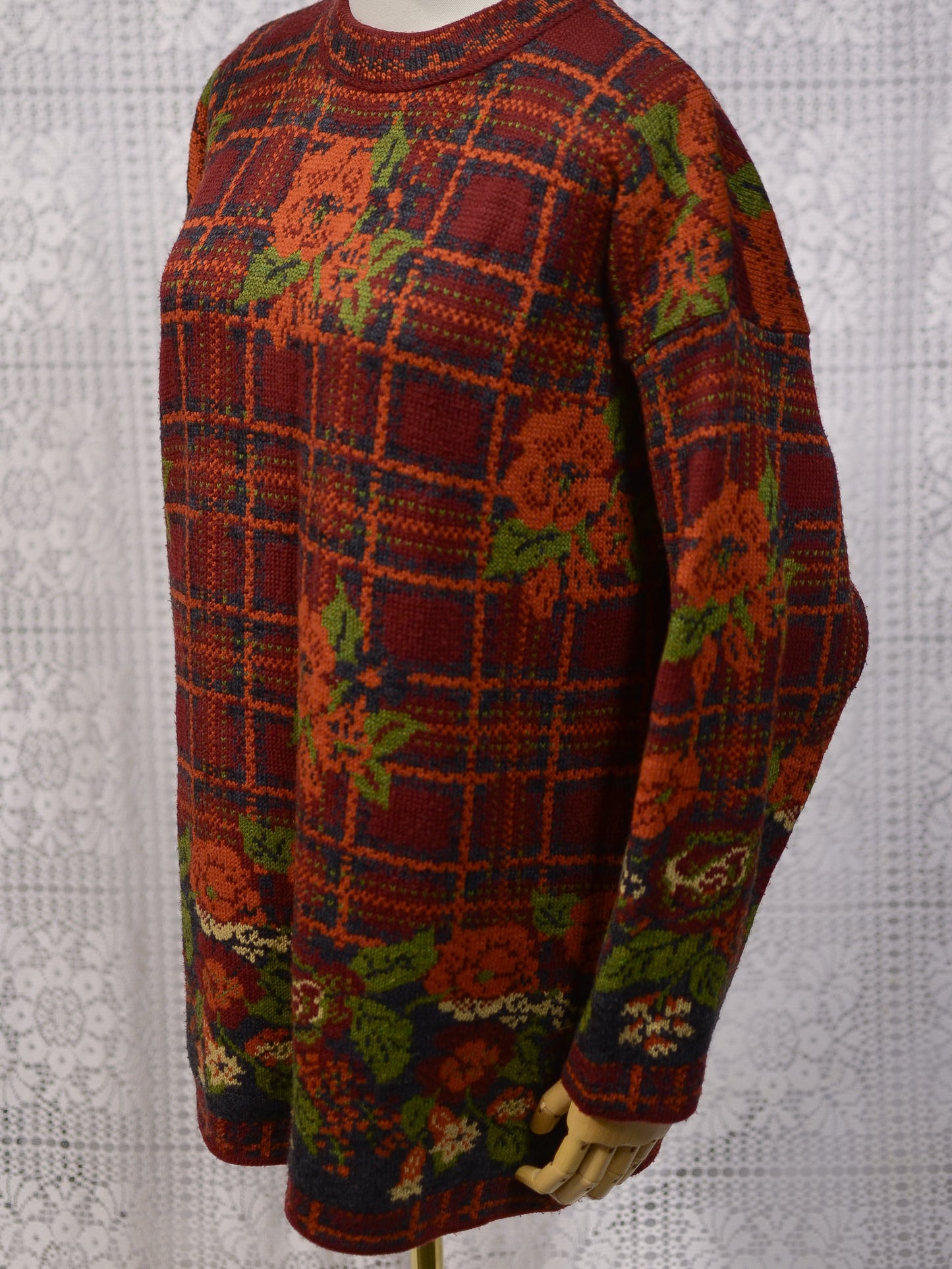 1990s dark red, orange and green tartan and floral print long jumper dress
