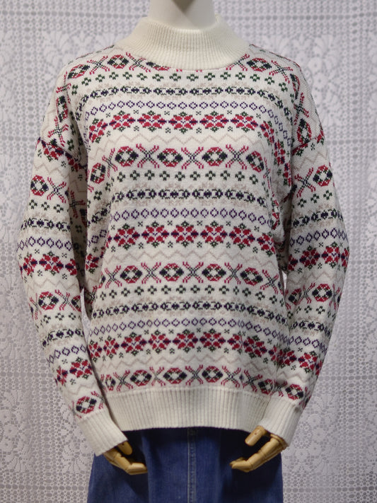 1990s C&A cream, red and green nordic pattern festive jumper