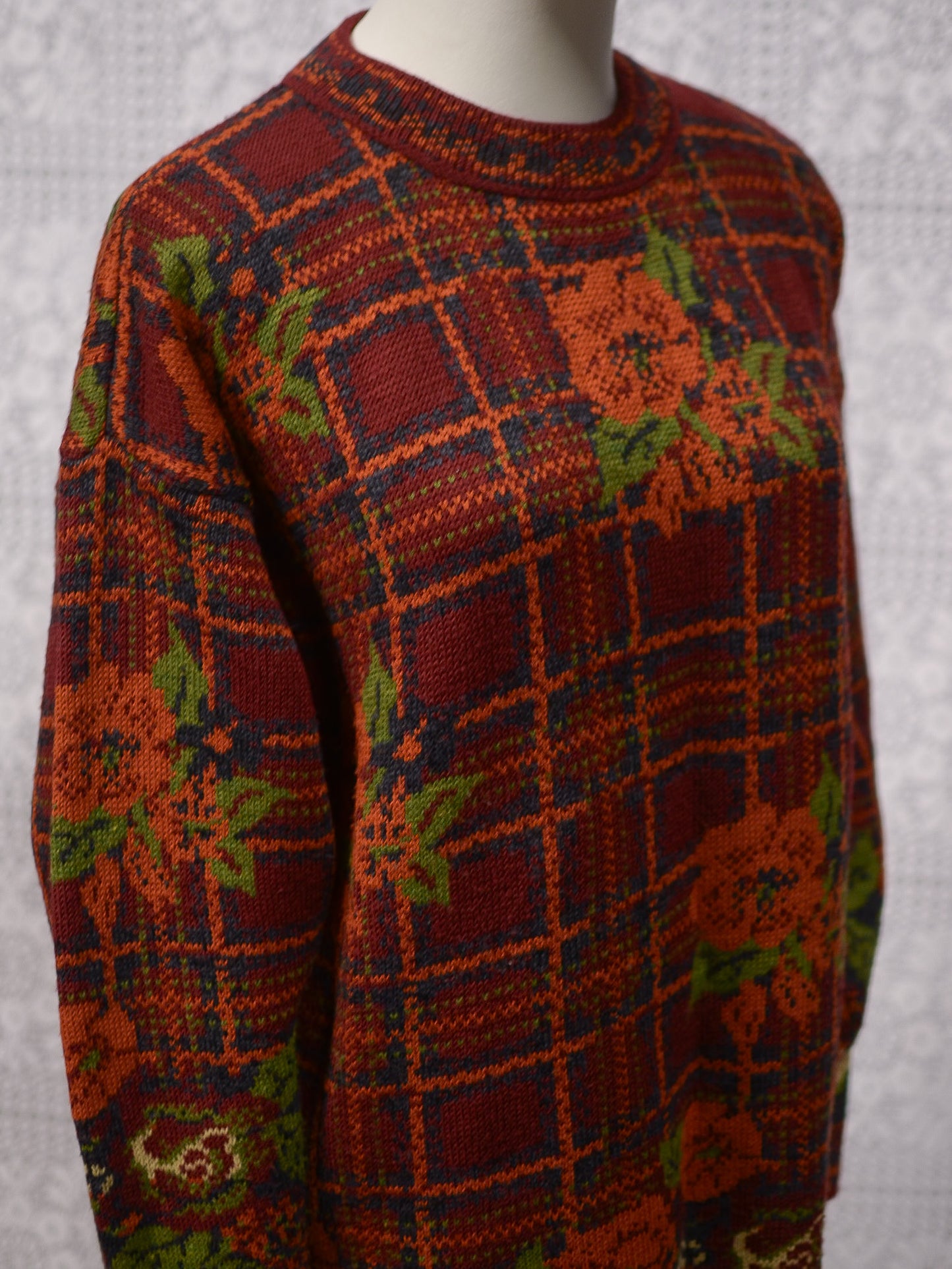 1990s dark red, orange and green tartan and floral print long jumper dress