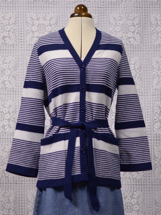 1970s St Michael navy blue and white striped belted cardigan
