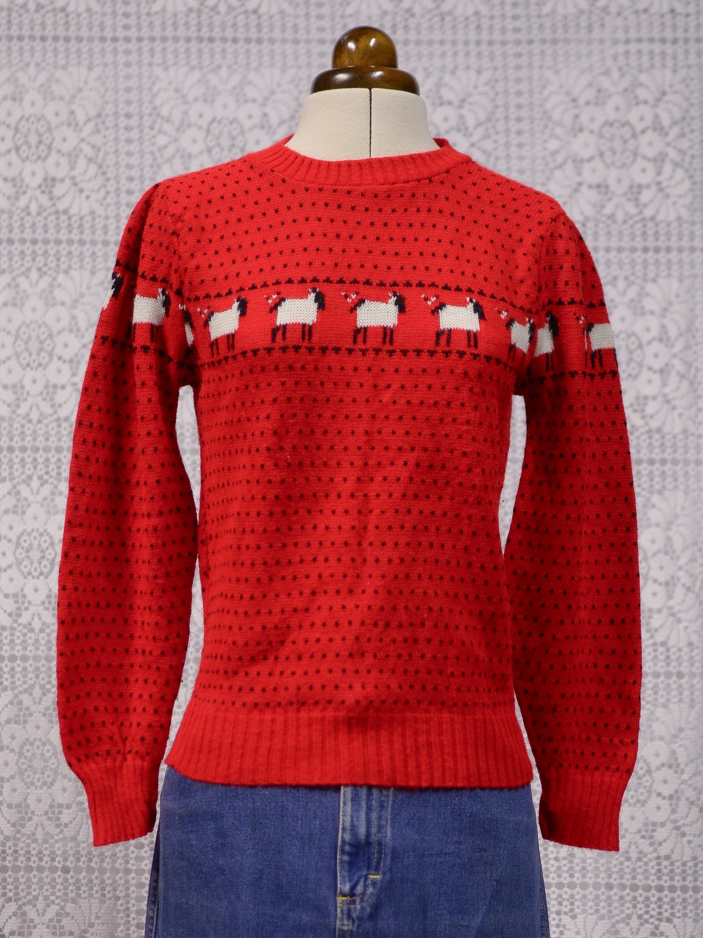 1970s red, white and black sheep and spotty pattern fitted jumper