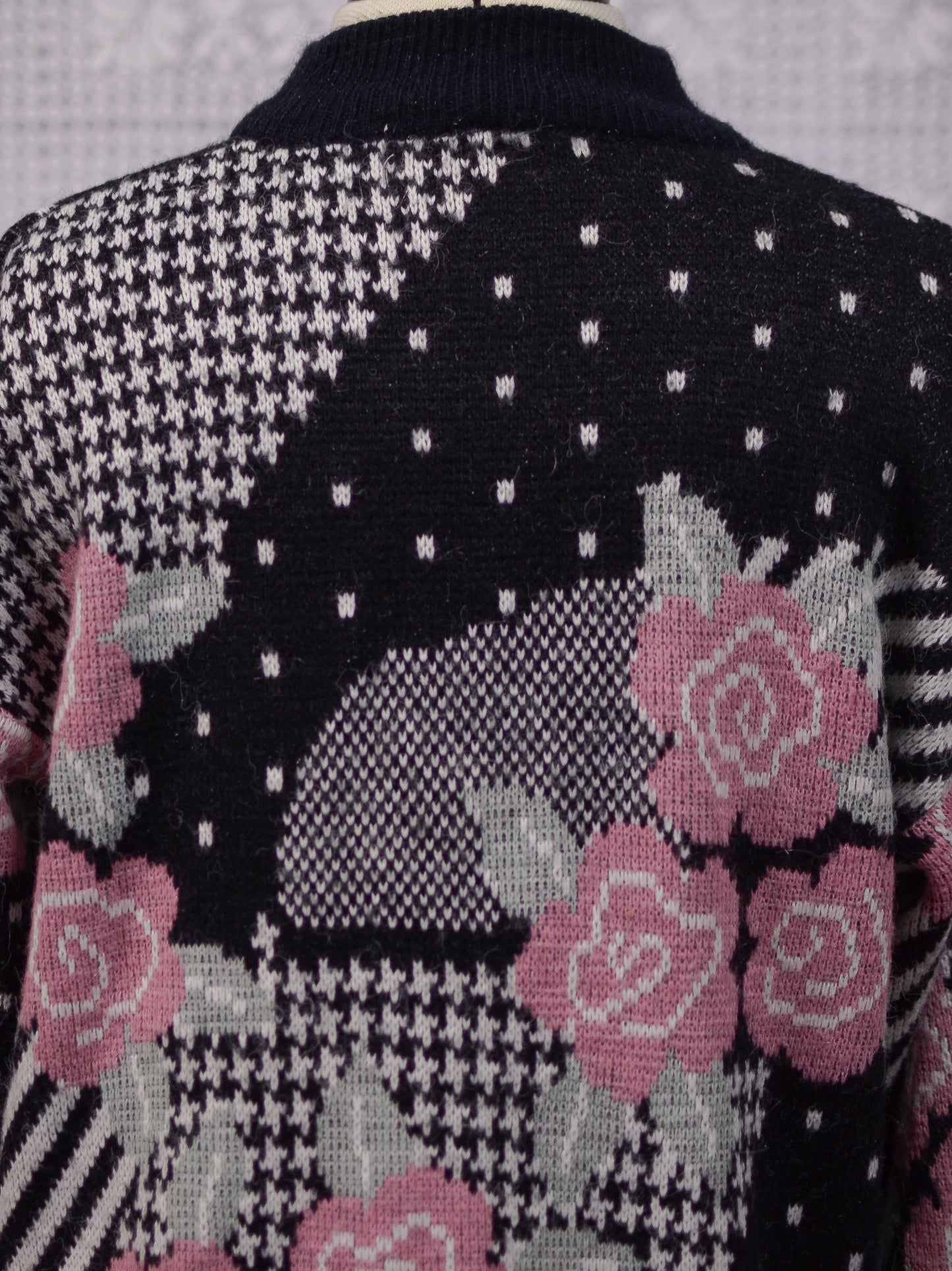 1980s Honey black, white and rose pink floral, polkadot and houndstooth long jumper