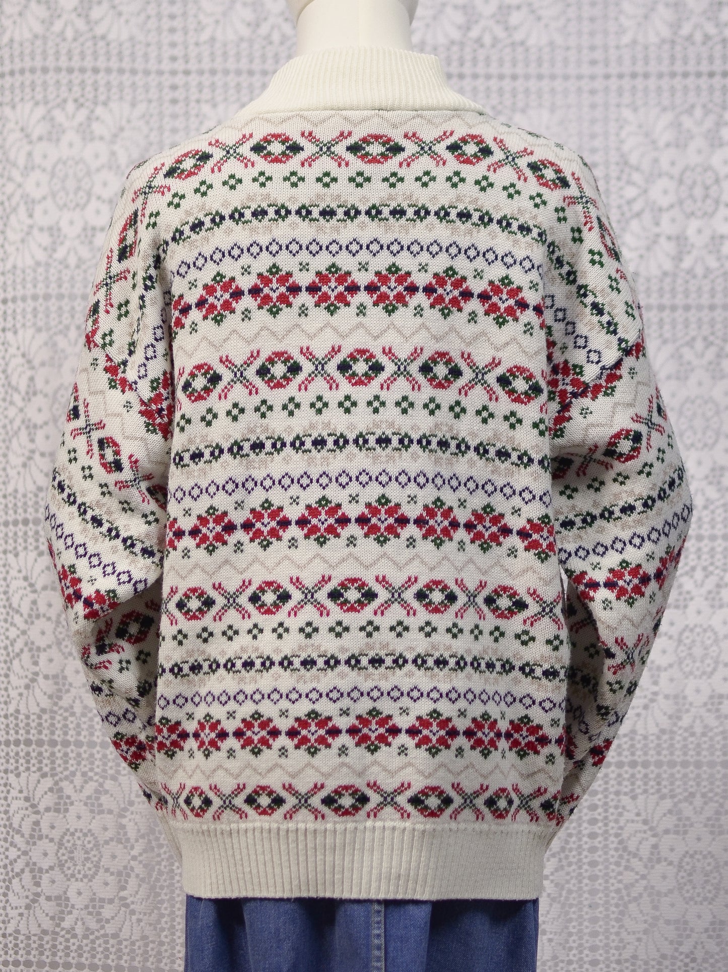 1990s C&A cream, red and green nordic pattern festive jumper