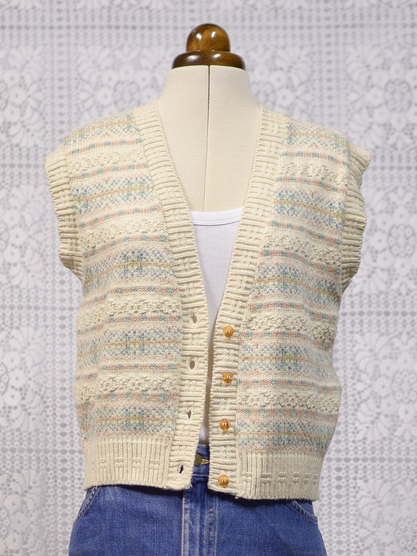 1990s BHS cream, pink and blue nordic fairisle style pattern knitted waistcoat