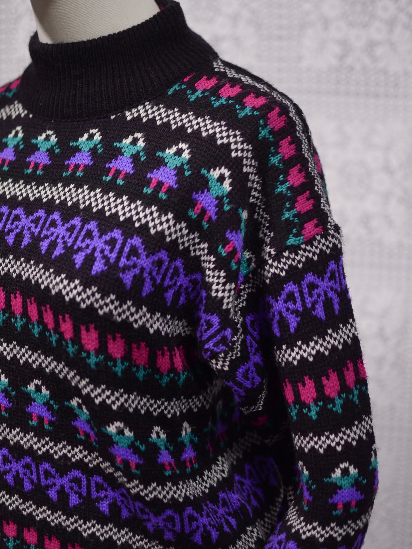 1980s black, purple and pink striped folk pattern jumper
