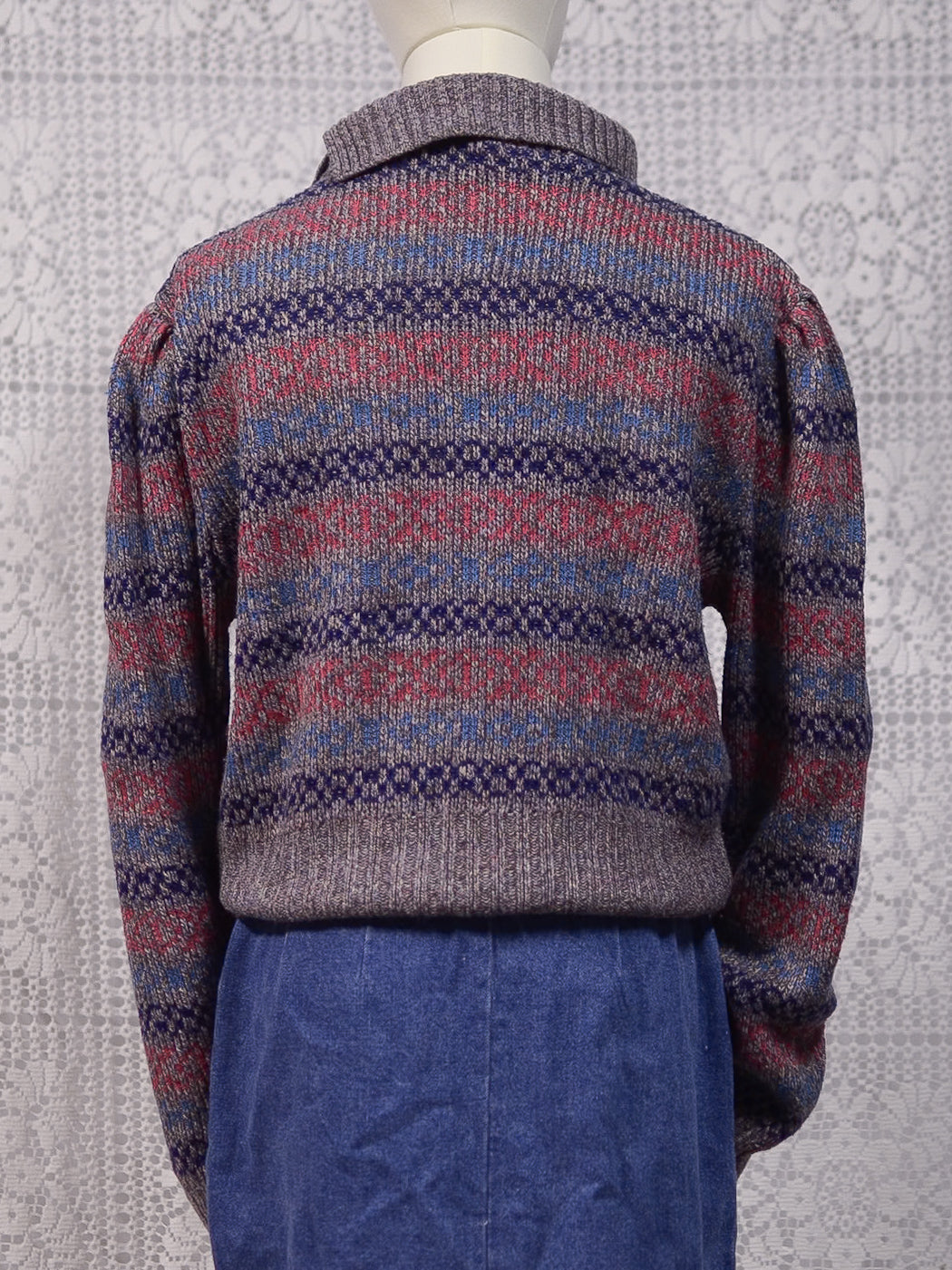 1970s heather grey, pink and purple striped roll neck jumper