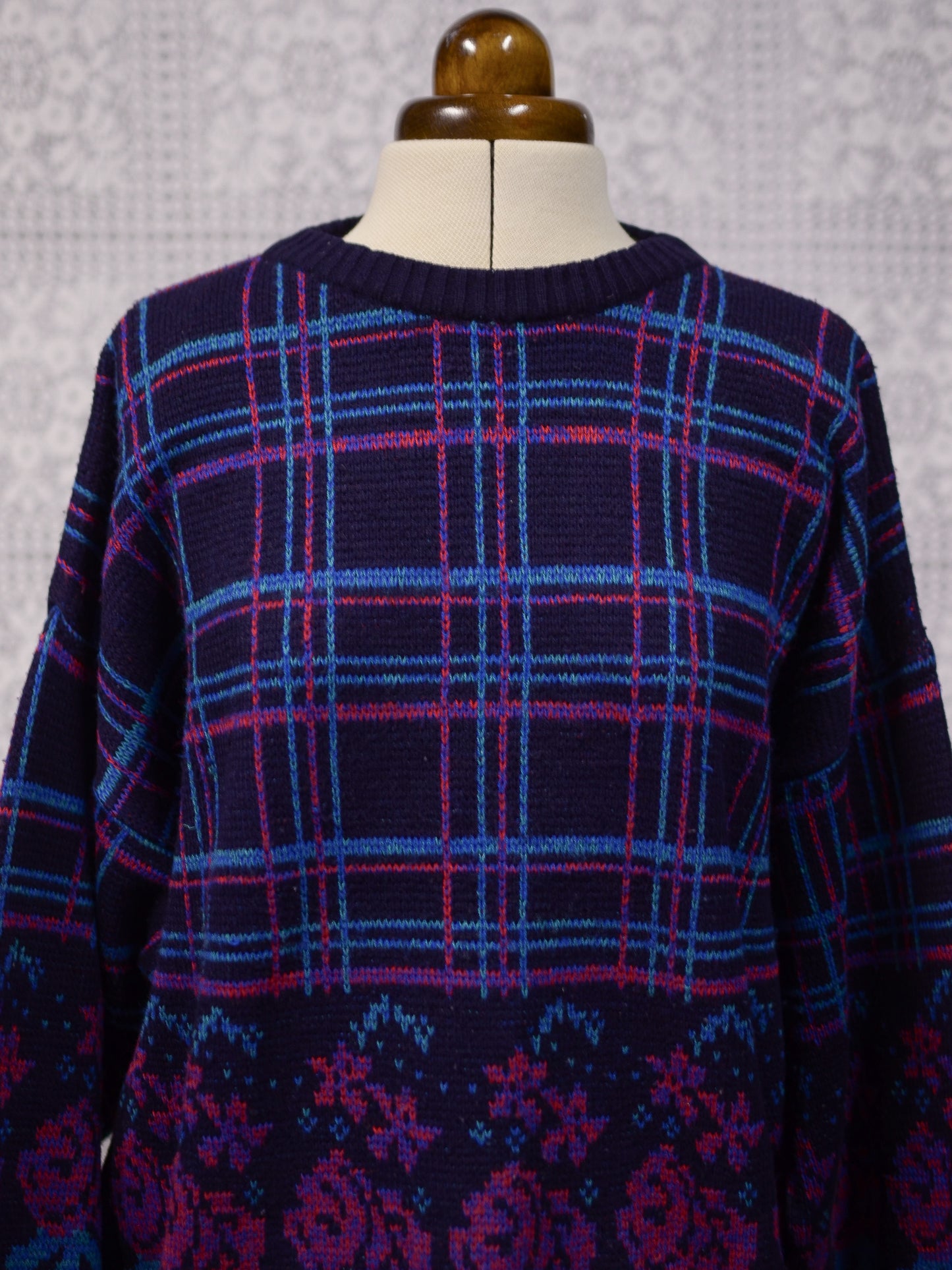 1980s navy, pink and light blue checked and rose floral pattern jumper