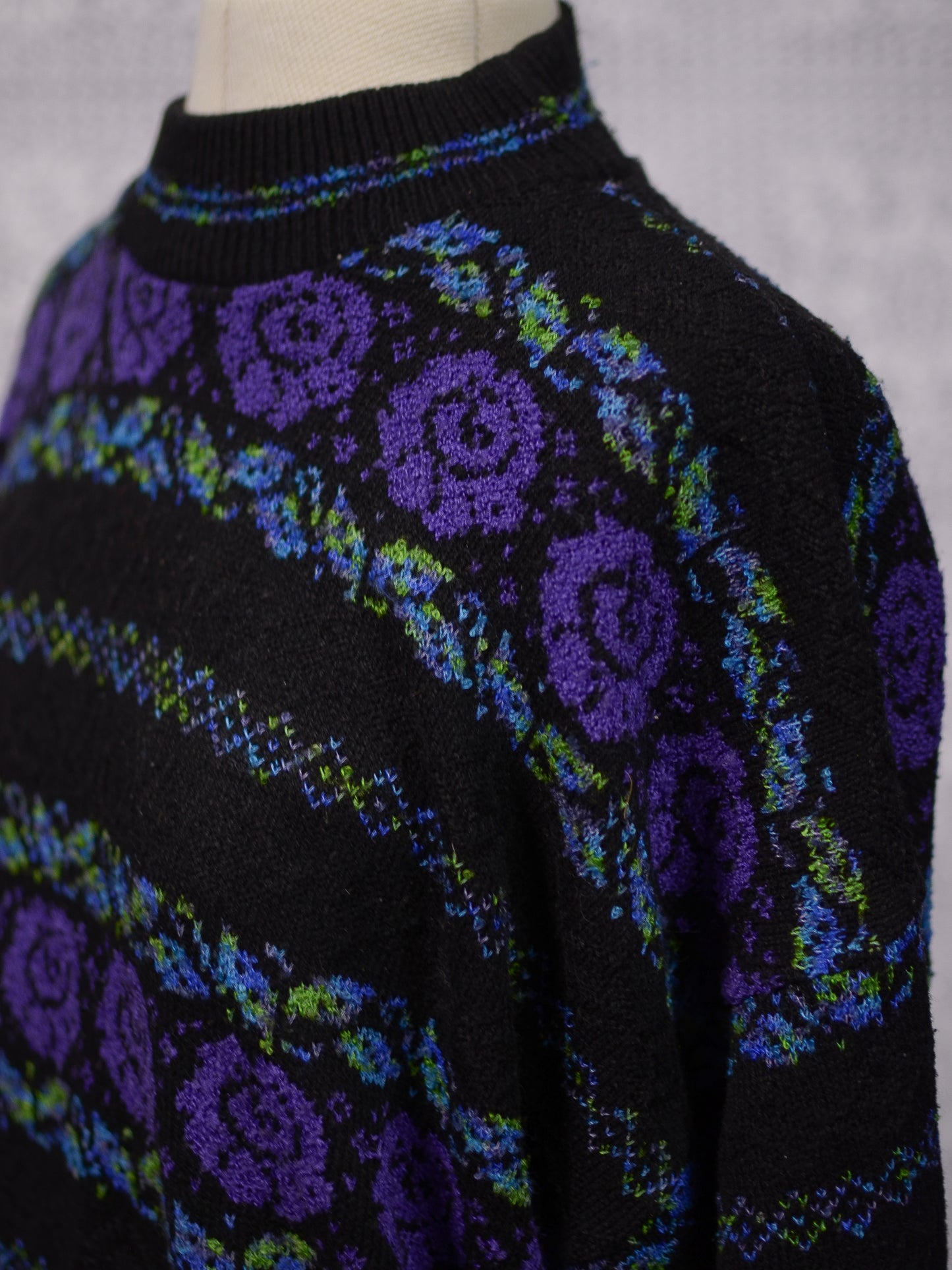 1980s black, purple and green rose floral and leaf pattern striped jumper