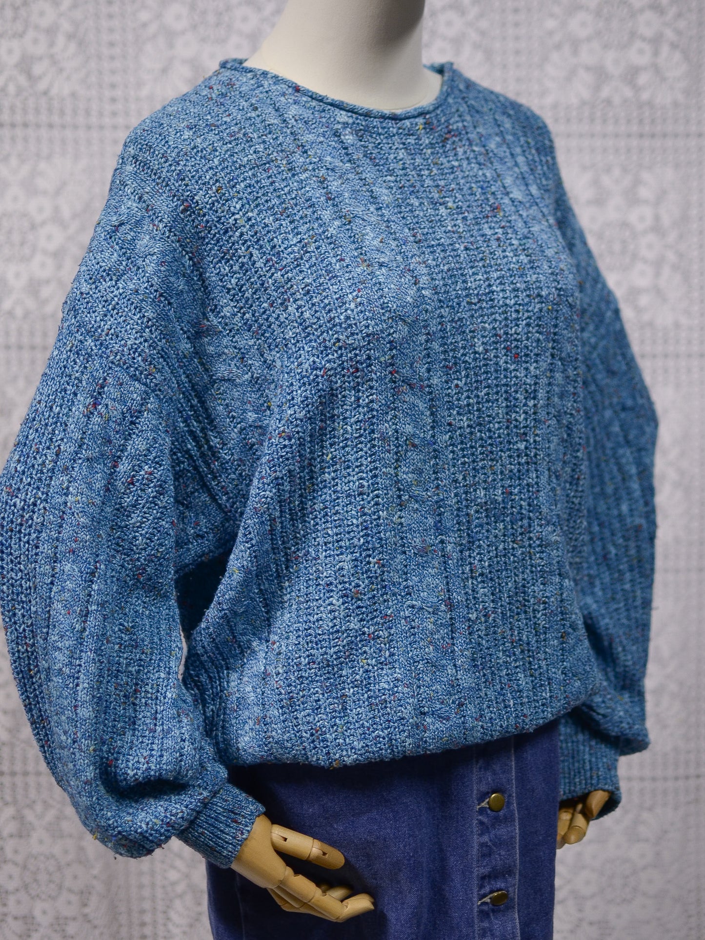 1990s blue and multicolour cotton blend cable knit slouchy jumper