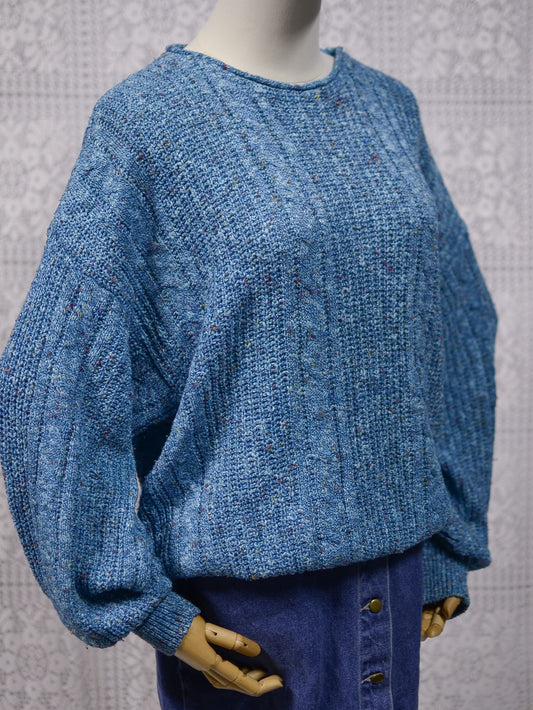 1990s blue and multicolour cotton blend cable knit slouchy jumper
