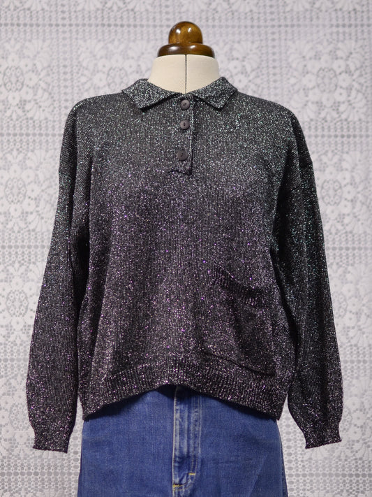 1980s silver glittery collared cropped jumper