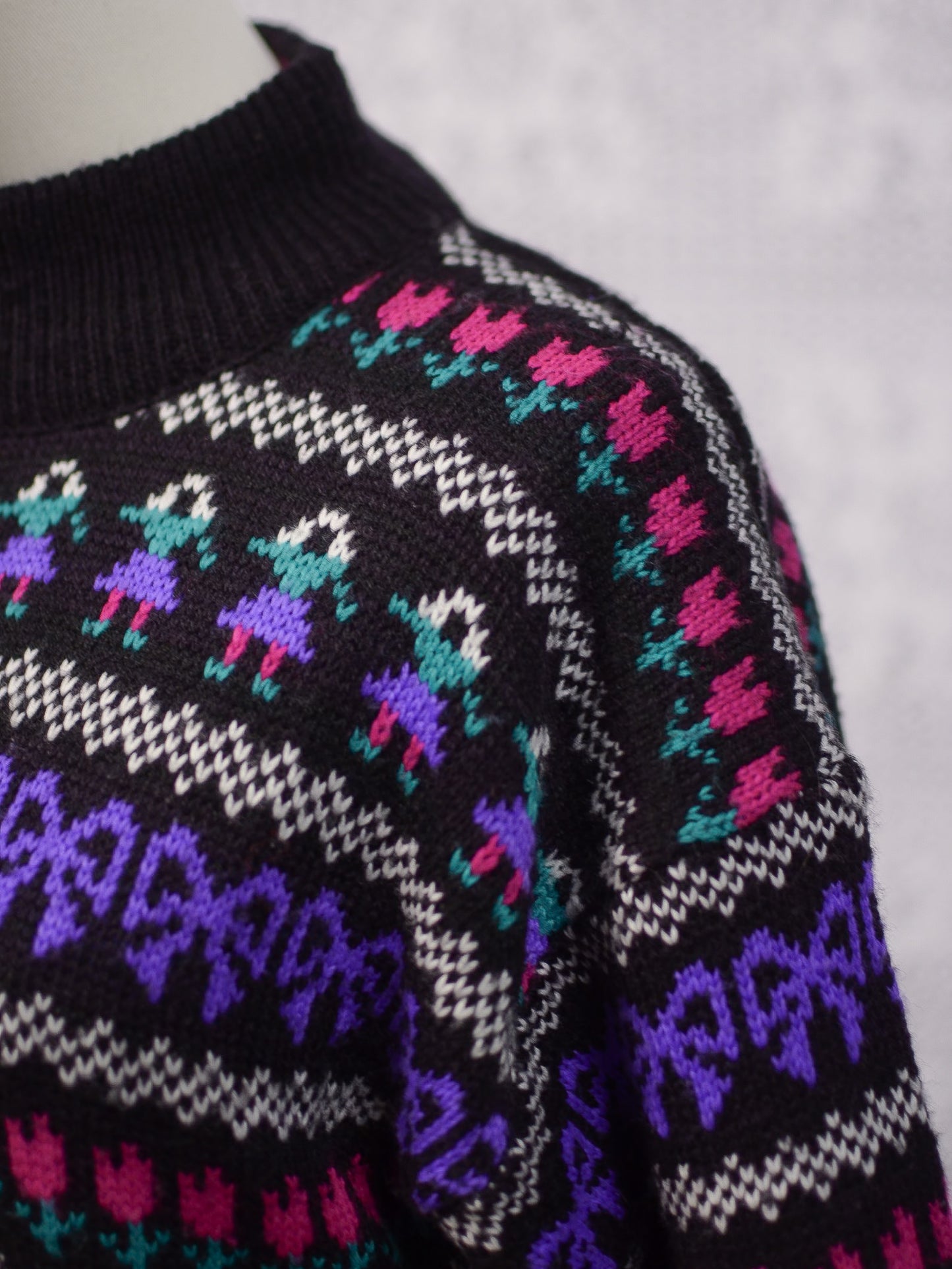 1980s black, purple and pink striped folk pattern jumper
