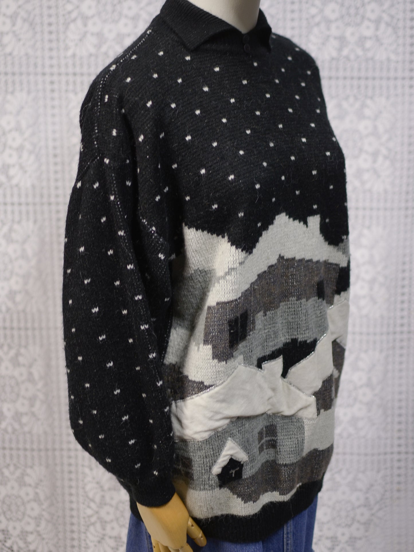 1980s black and white festive snow scene novelty collared jumper